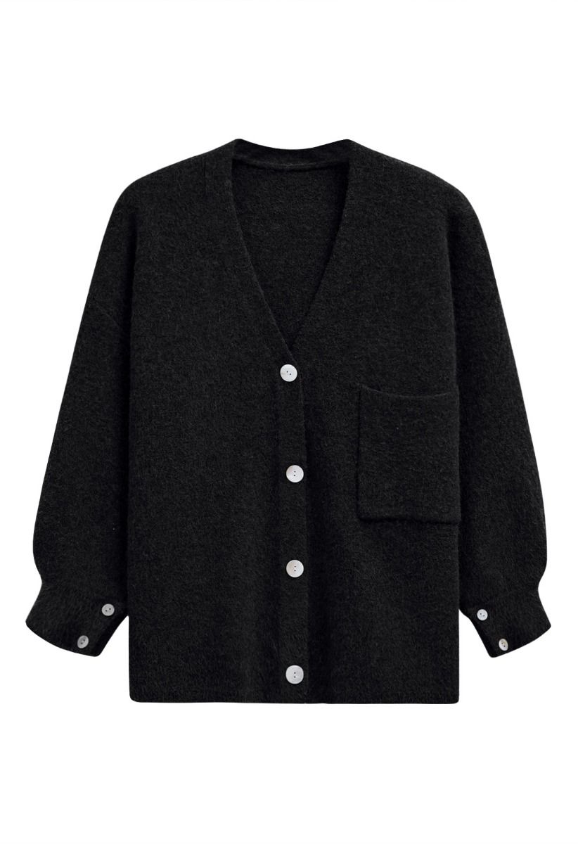 Entspannter Button-Down-Cardigan mit aufgesetzten Taschen in Schwarz