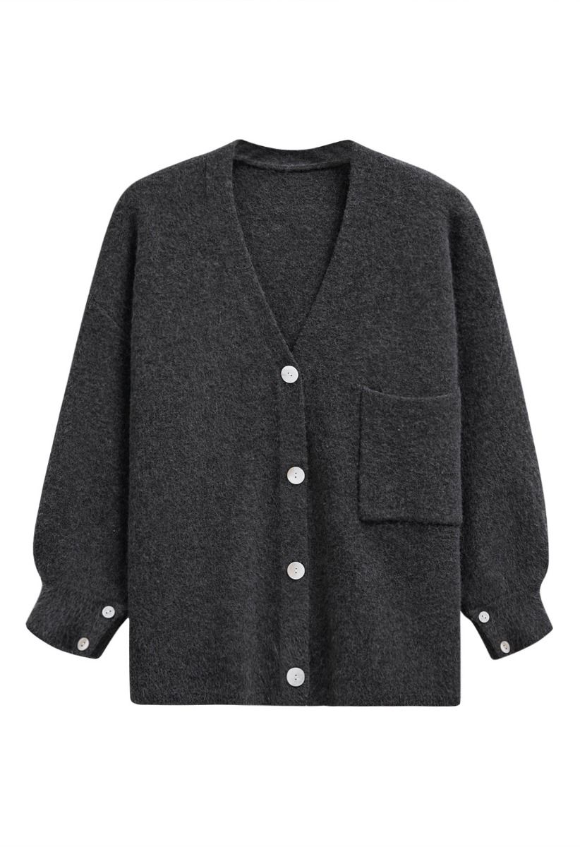 Entspannter Button-Down-Cardigan mit aufgesetzten Taschen in Rauch