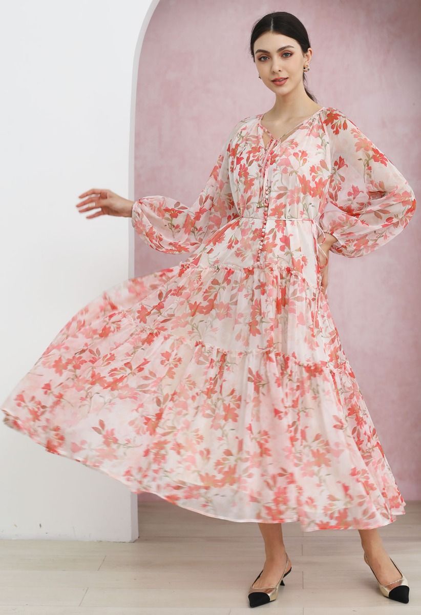 Azalea Bloom – Chiffon-Midikleid mit Bindegürtel am Hals