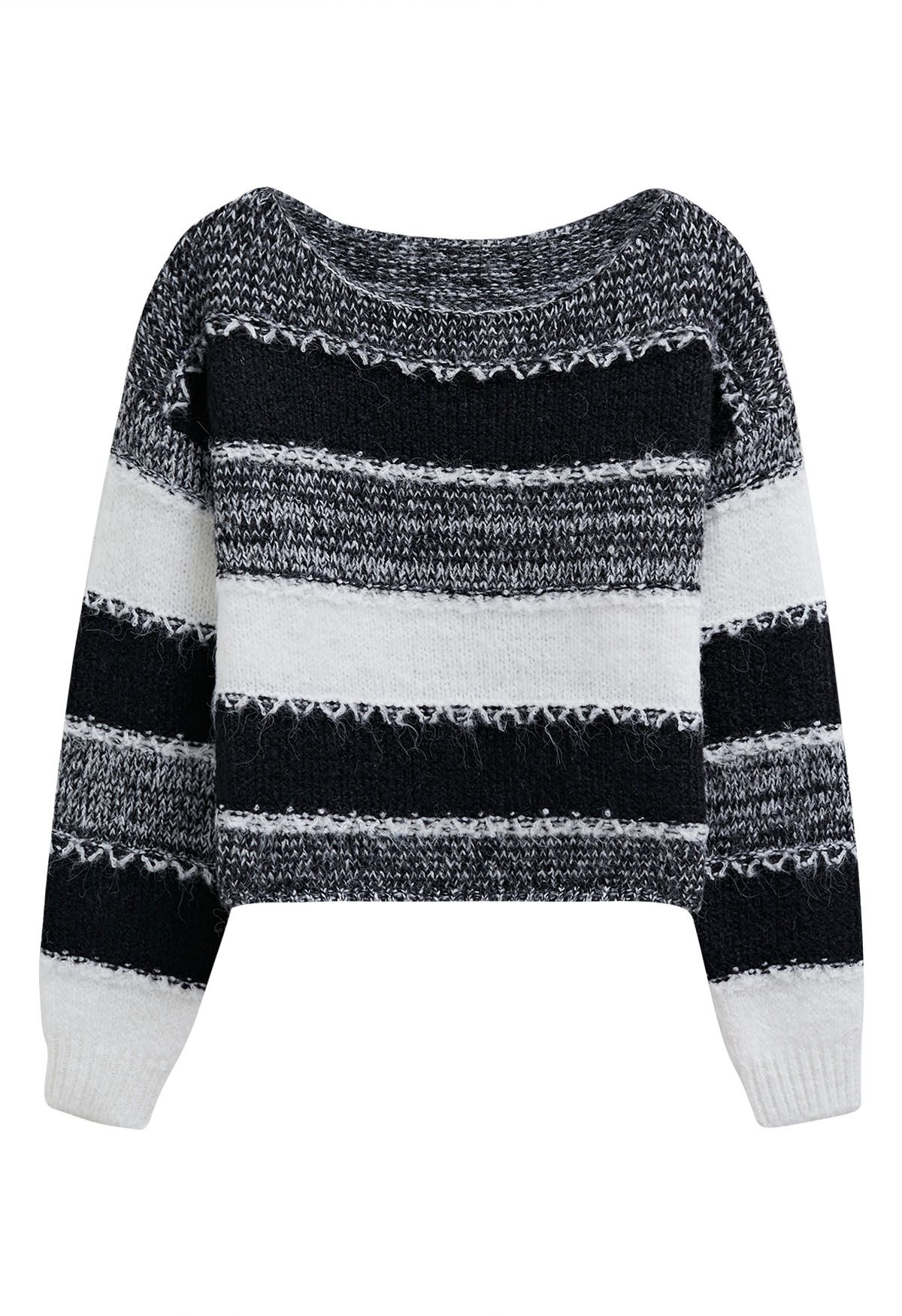 Kurzer Strickpullover mit Fair-Isle-Streifen in Schwarz