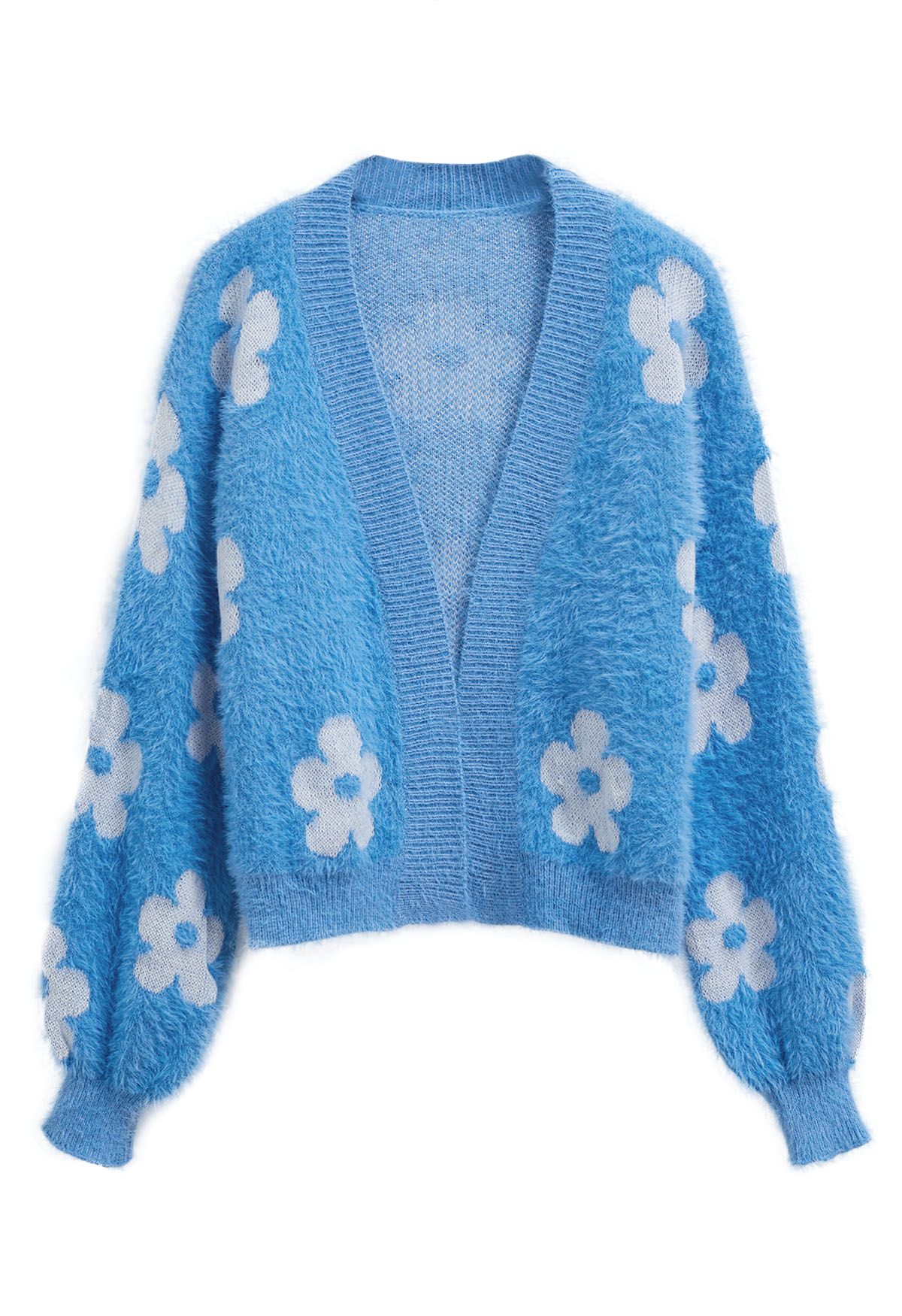 Flauschige Strickjacke „Cuteness Flowers“ in Blau