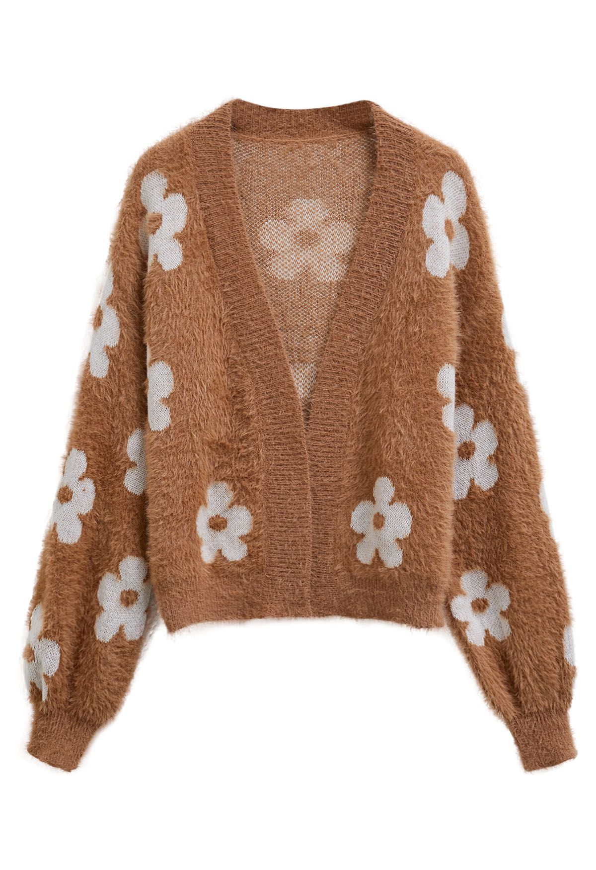 Cuteness Flowers – Flauschige Strickjacke in Karamell