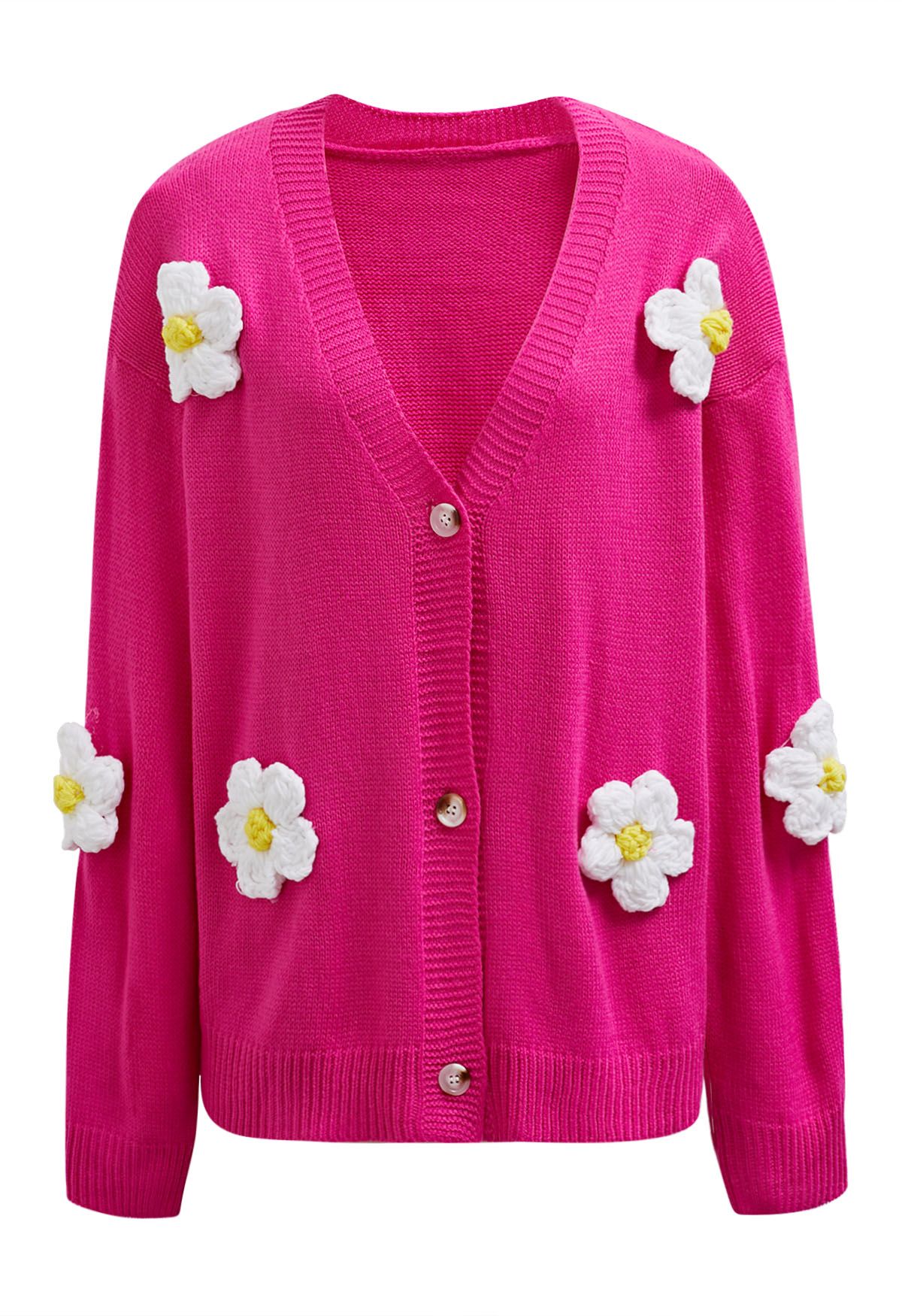 Hübsche Strickjacke mit 3D-Blumenknöpfen in Magenta