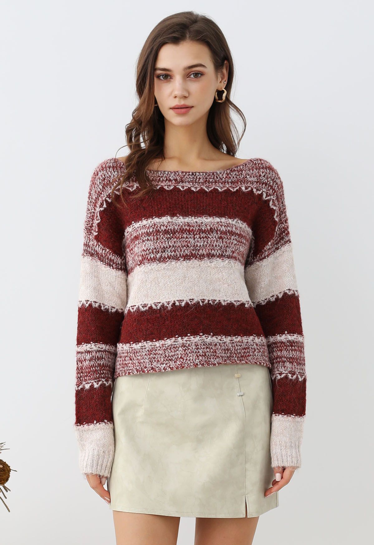 Kurzer Strickpullover mit Fair-Isle-Streifen in Rot