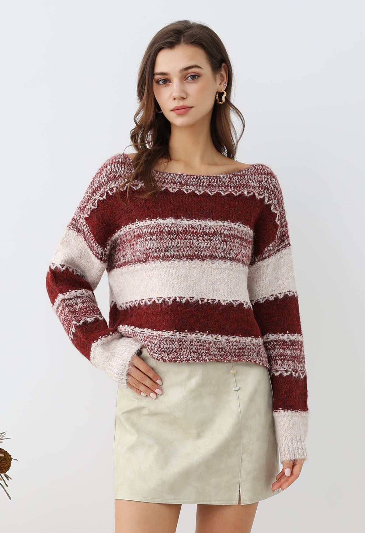 Kurzer Strickpullover mit Fair-Isle-Streifen in Rot