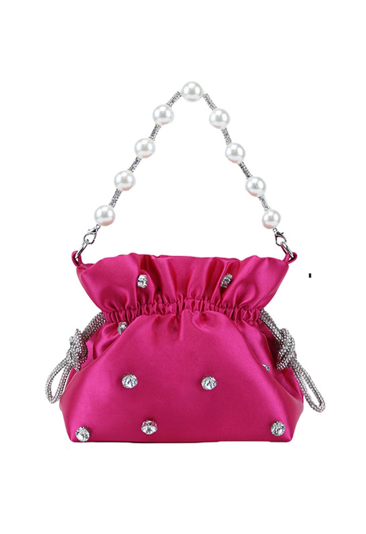 Schultertasche mit Kordelzug und Strass-Dekor in Pink