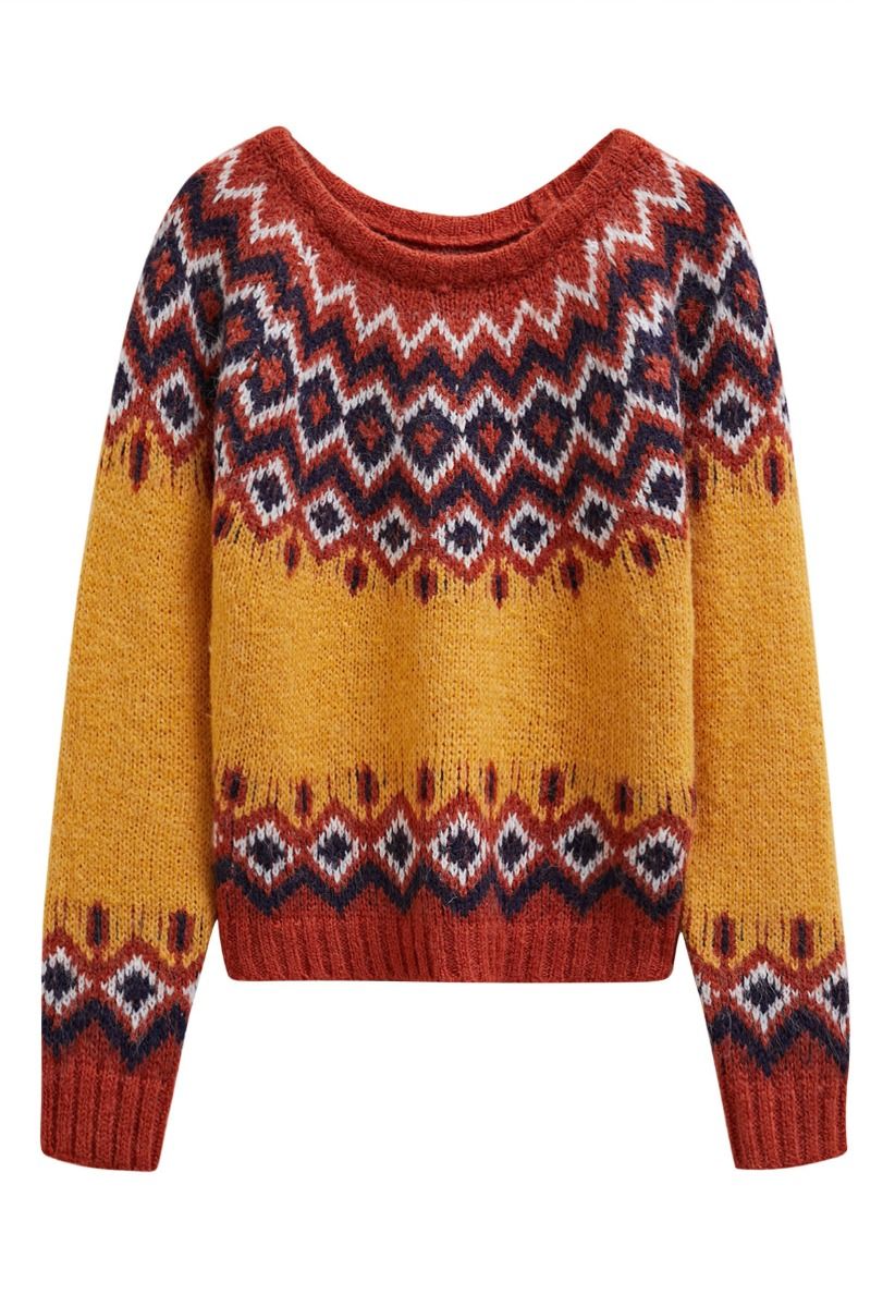 „Nordic Charm“-Strickpullover mit Fair-Isle-Muster in Orange