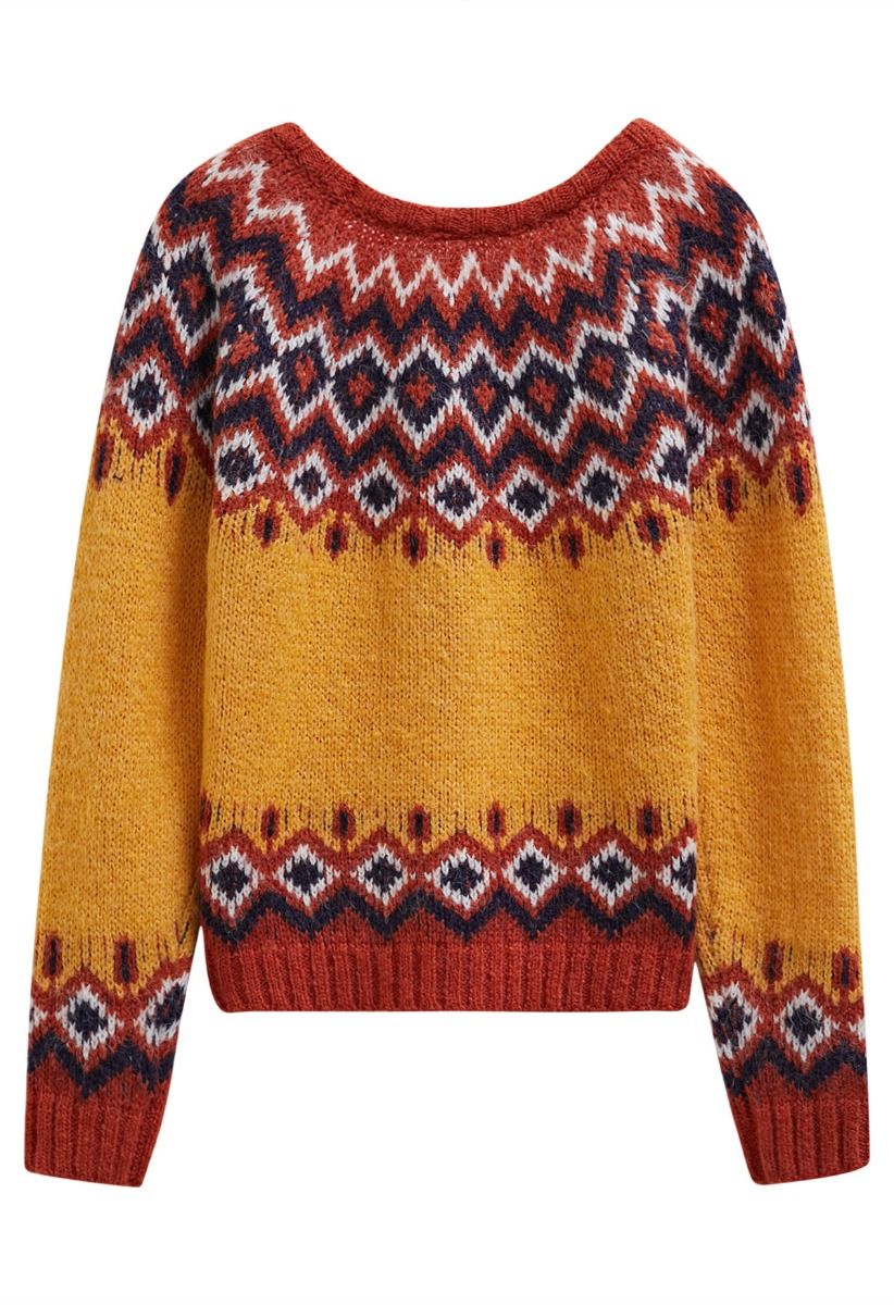 „Nordic Charm“-Strickpullover mit Fair-Isle-Muster in Orange