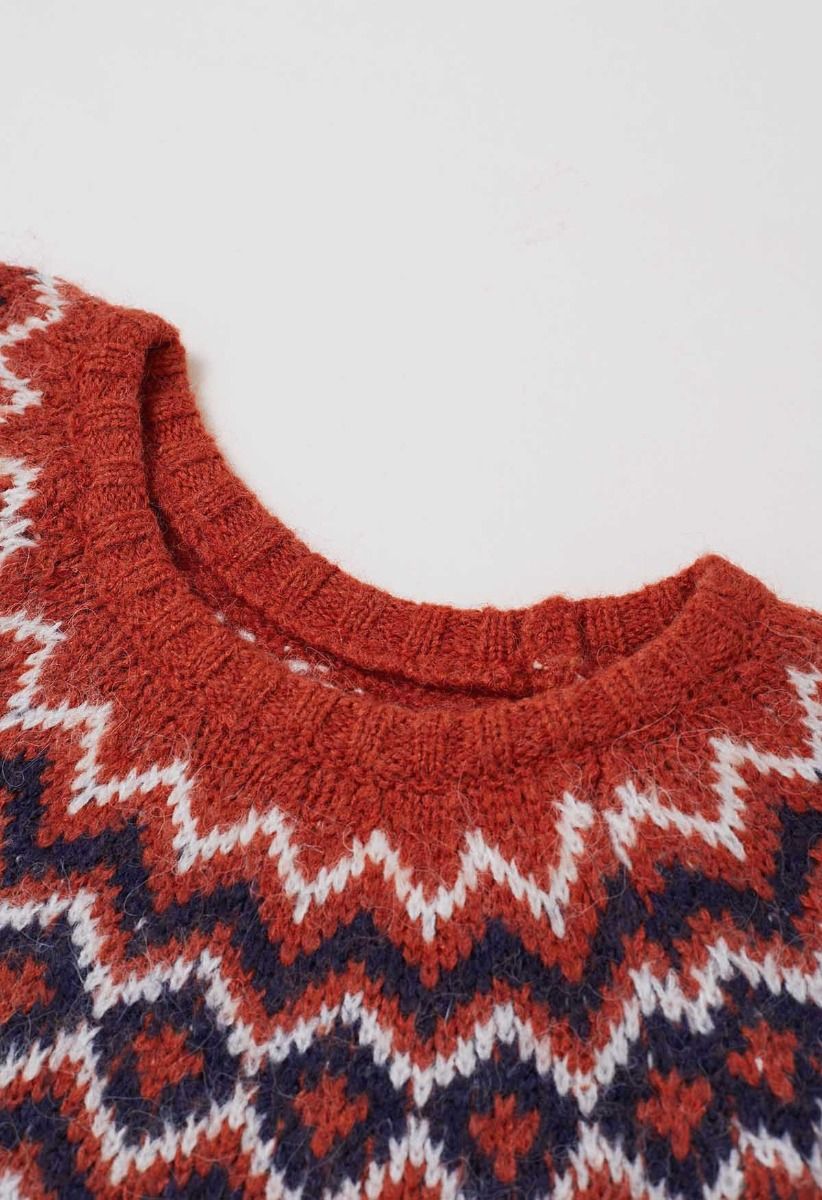 „Nordic Charm“-Strickpullover mit Fair-Isle-Muster in Orange