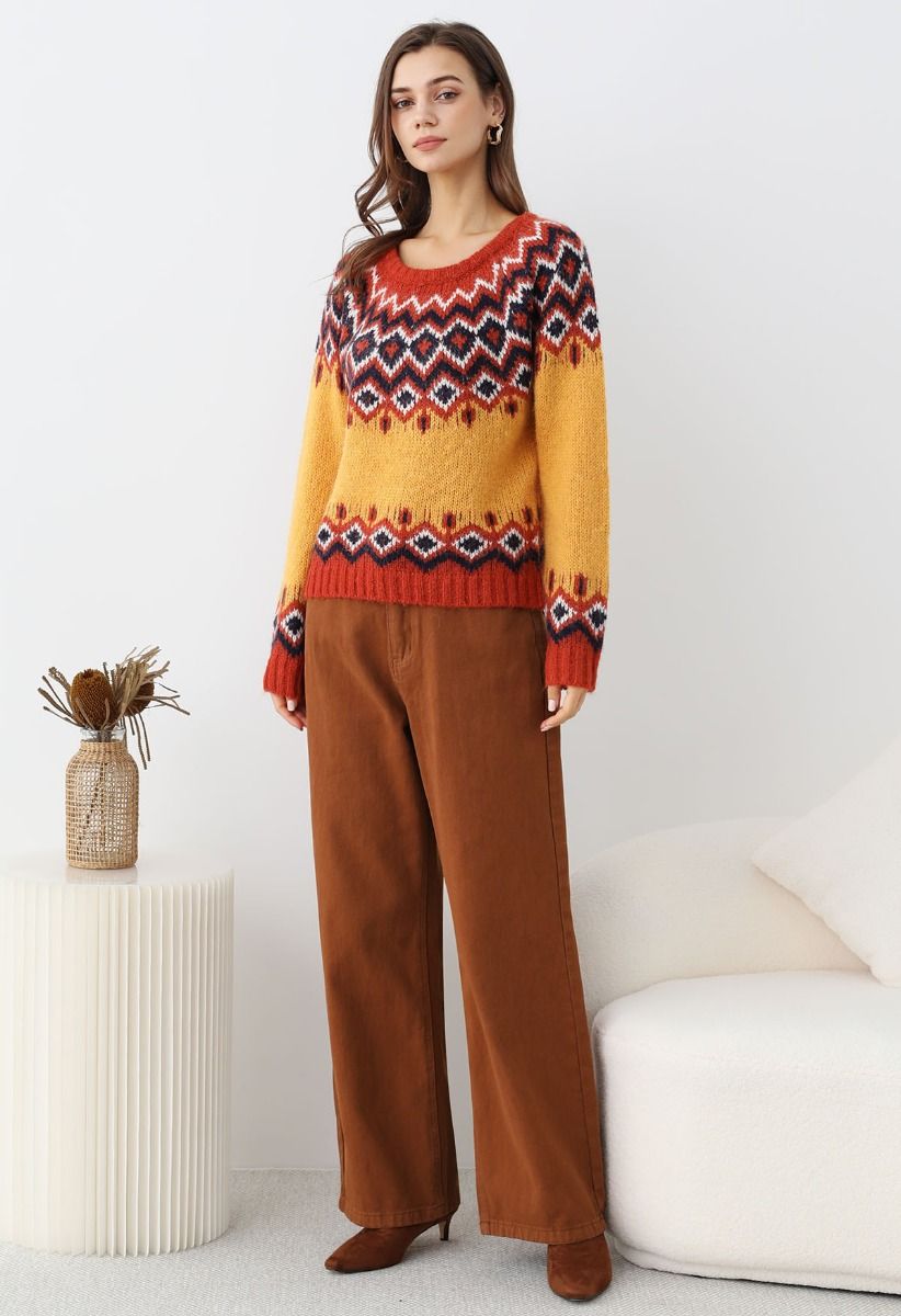 „Nordic Charm“-Strickpullover mit Fair-Isle-Muster in Orange