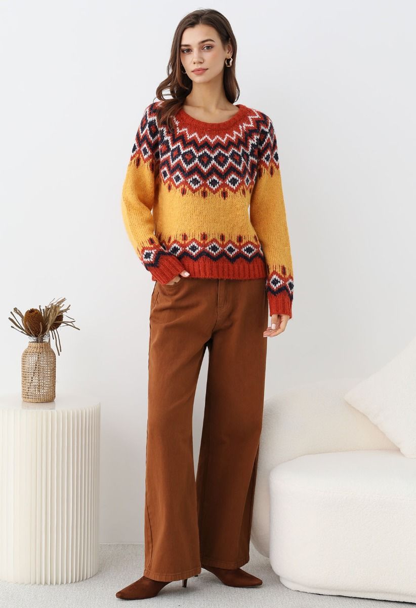 „Nordic Charm“-Strickpullover mit Fair-Isle-Muster in Orange