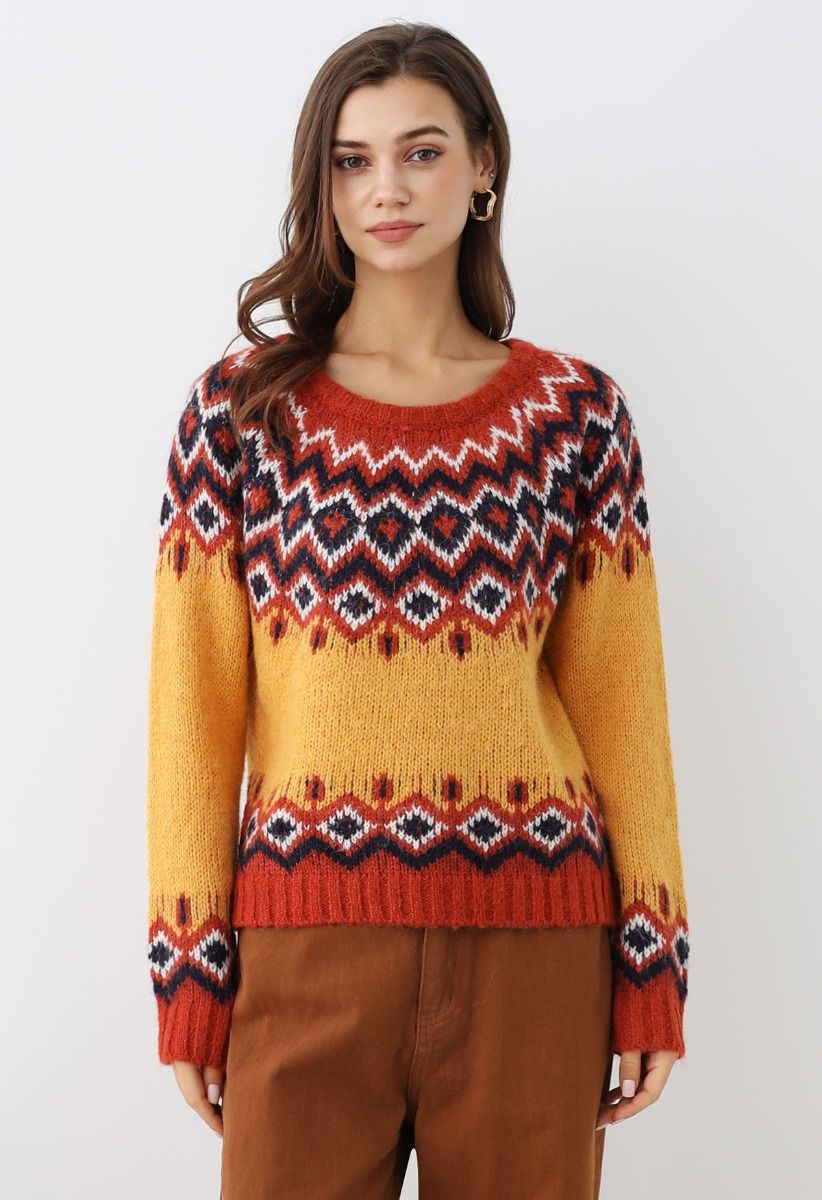 „Nordic Charm“-Strickpullover mit Fair-Isle-Muster in Orange