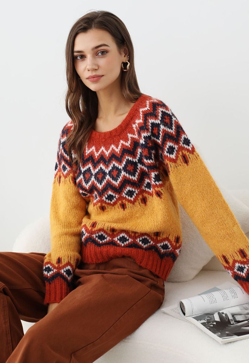 „Nordic Charm“-Strickpullover mit Fair-Isle-Muster in Orange