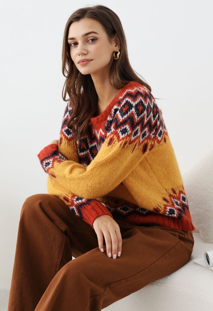 „Nordic Charm“-Strickpullover mit Fair-Isle-Muster in Orange