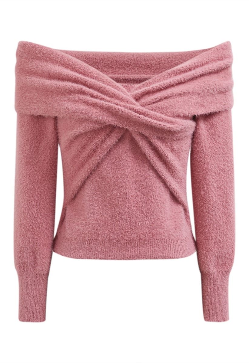 Flauschiges Stricktop mit überkreuzter Vorderseite und schulterfreiem Schnitt in Rosa