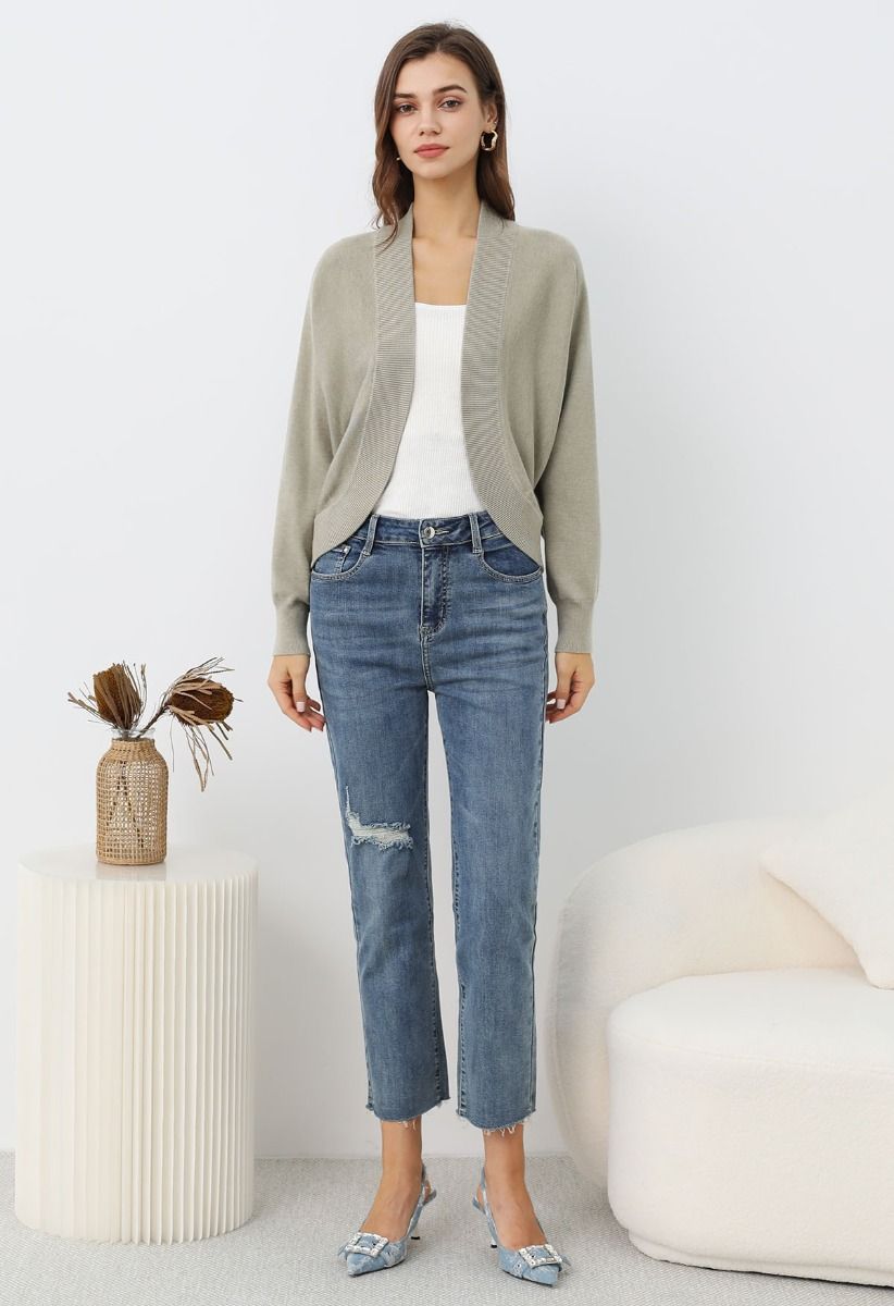 Minimalistischer Cardigan mit offener Vorderseite und geripptem Rand in Khaki