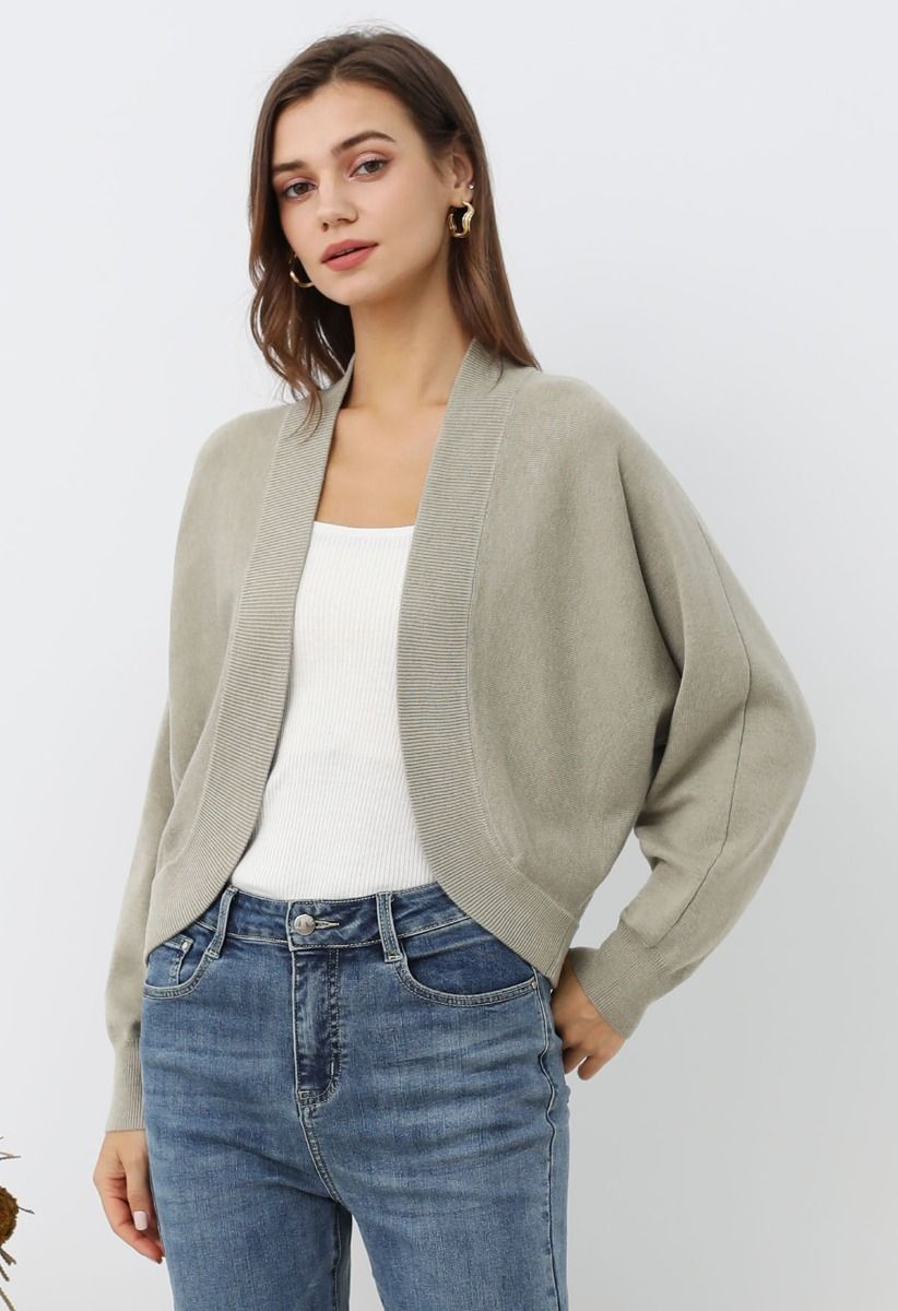 Minimalistischer Cardigan mit offener Vorderseite und geripptem Rand in Khaki