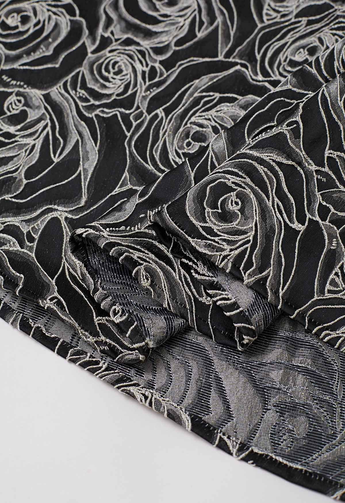 Delicate Roses – Schwarzer Midirock in A-Linie mit Jacquard-Prägung