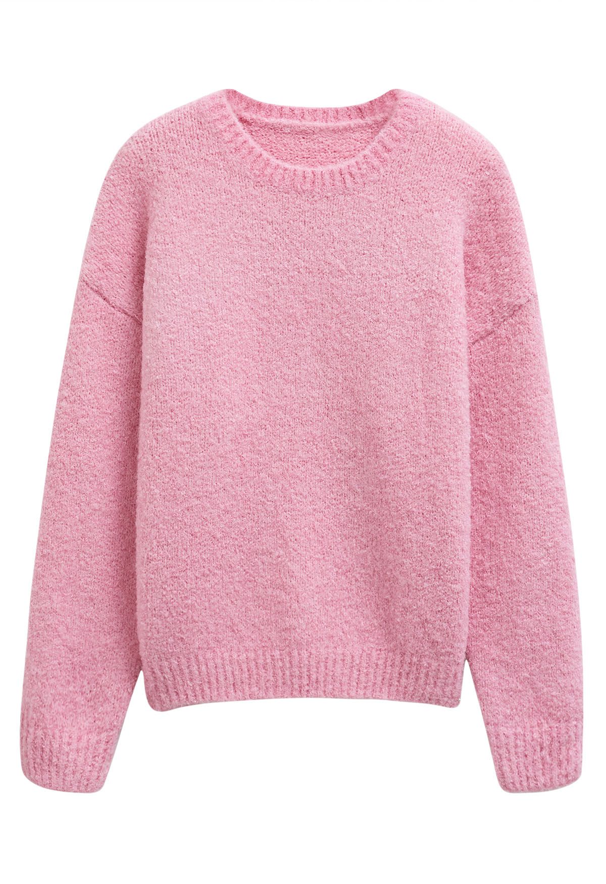 Gerippter, flauschiger, weicher Strickpullover in Rosa