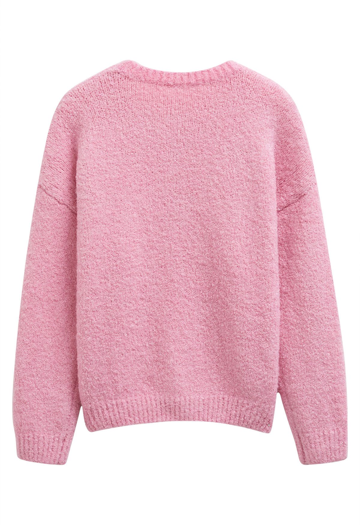 Gerippter, flauschiger, weicher Strickpullover in Rosa