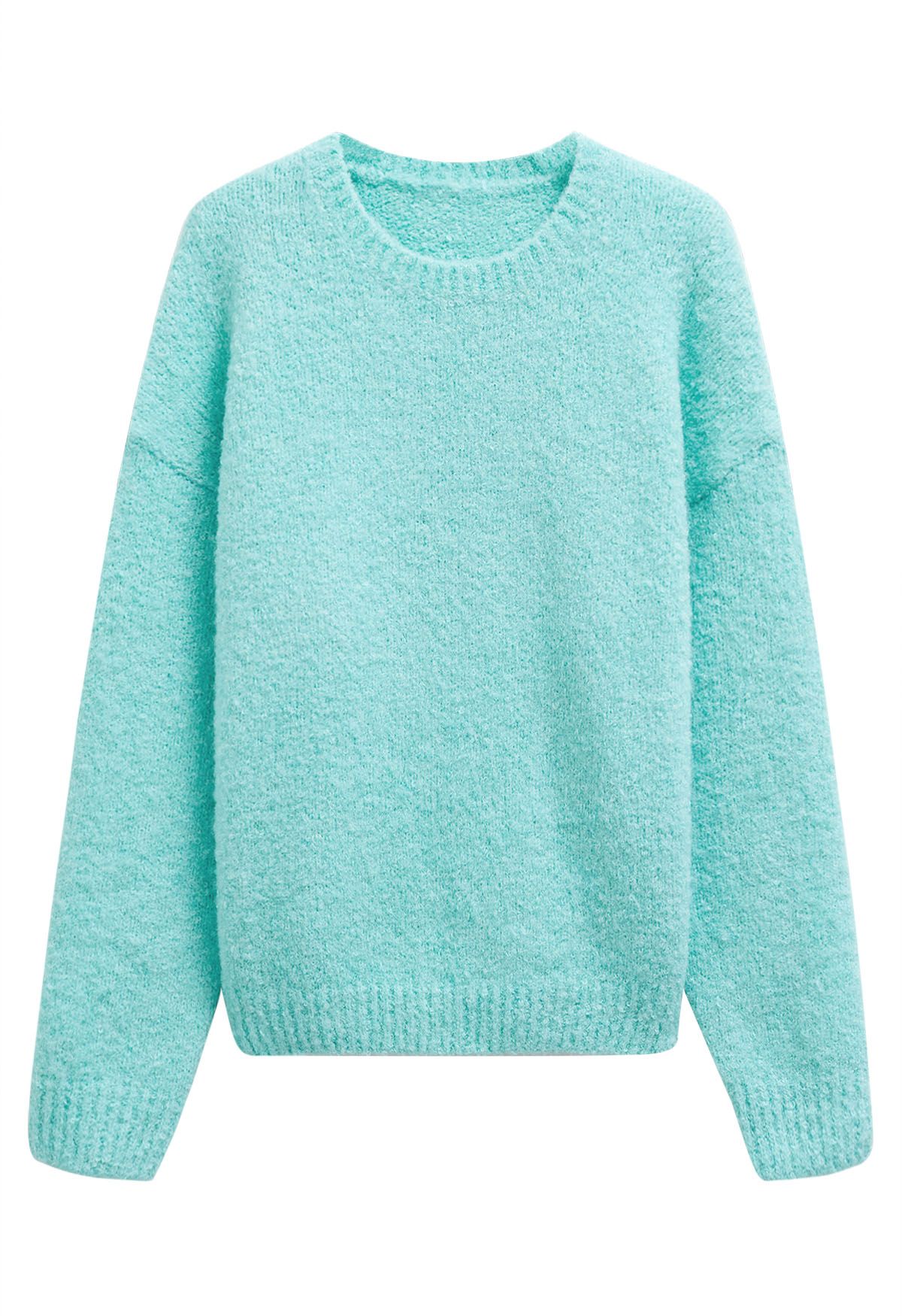 Gerippter, flauschiger, weicher Strickpullover in Mint