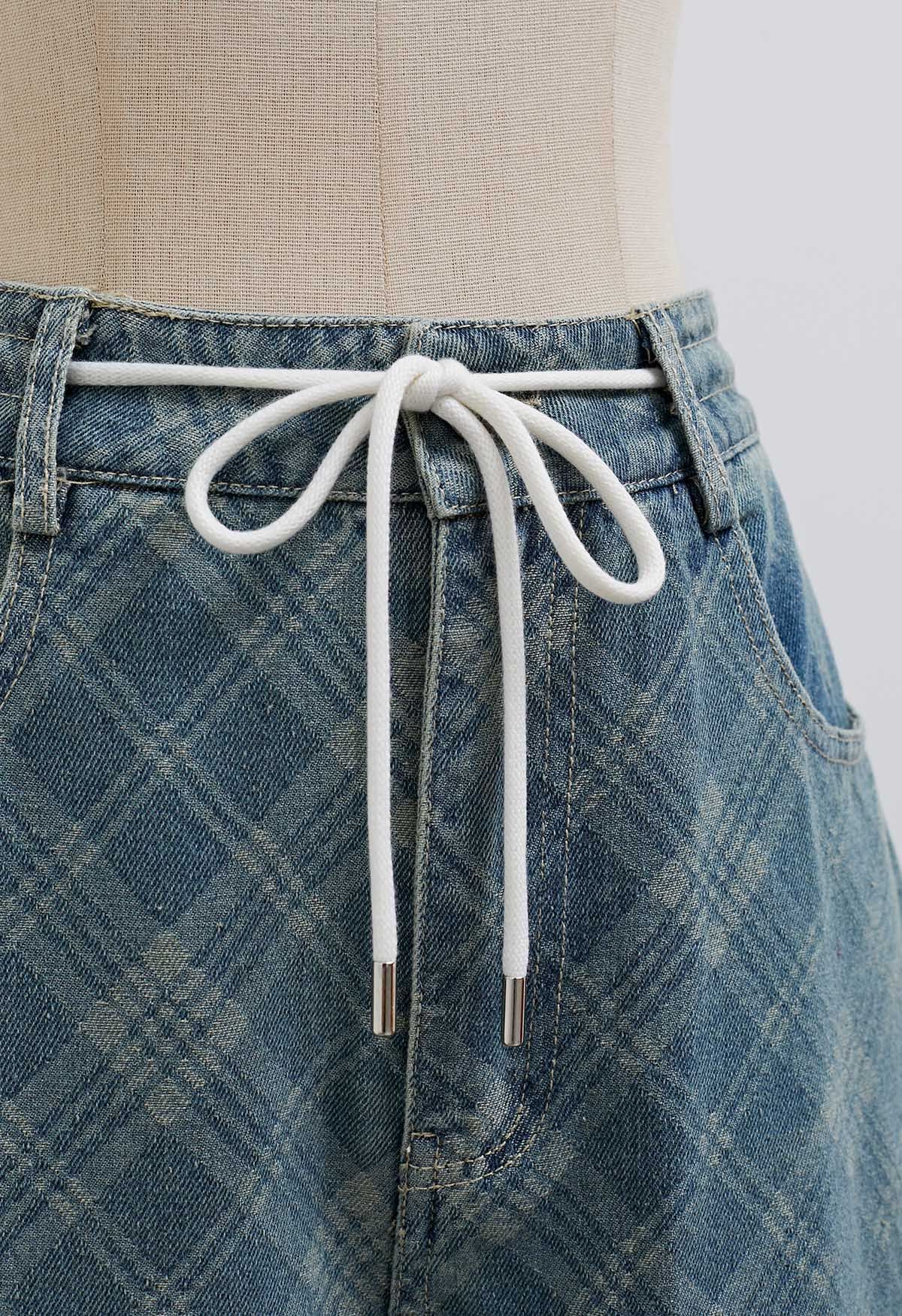 Lässige Jeans mit weitem Bein und Karomuster und Kordelzug