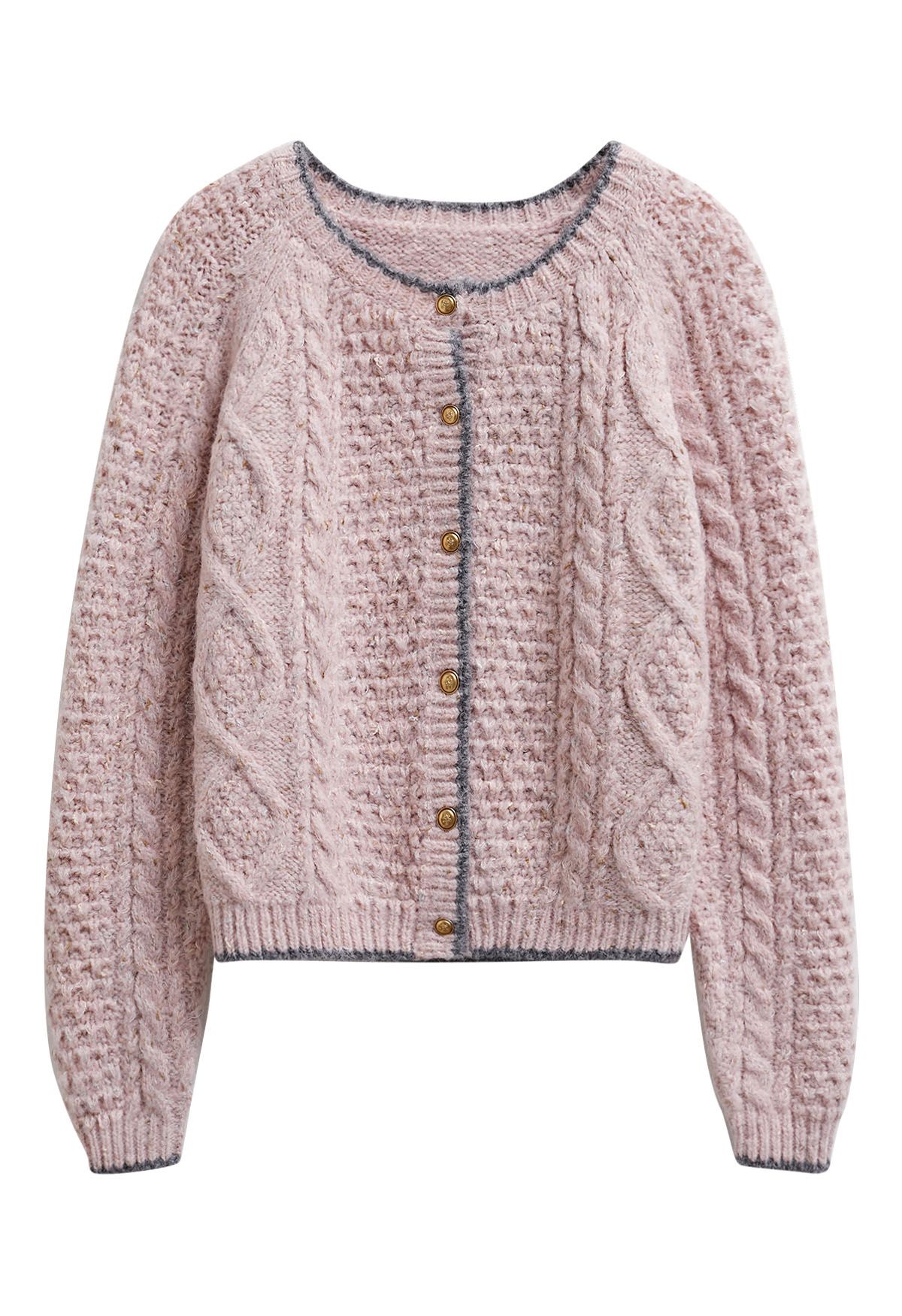 Geflochtene Strickjacke mit Knöpfen und Kontrastkanten in Rosa