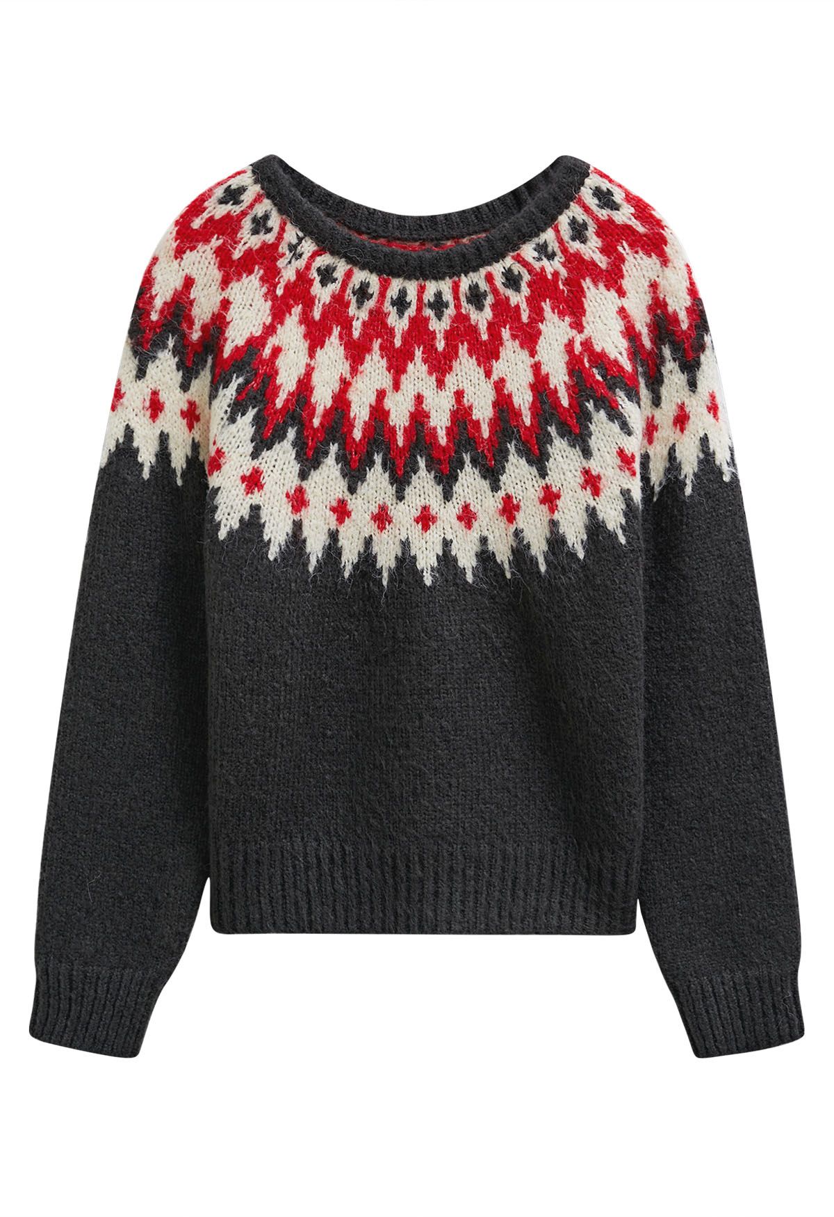 Winter Whimsy – Gerippter Fair-Isle-Strickpullover in Rauch