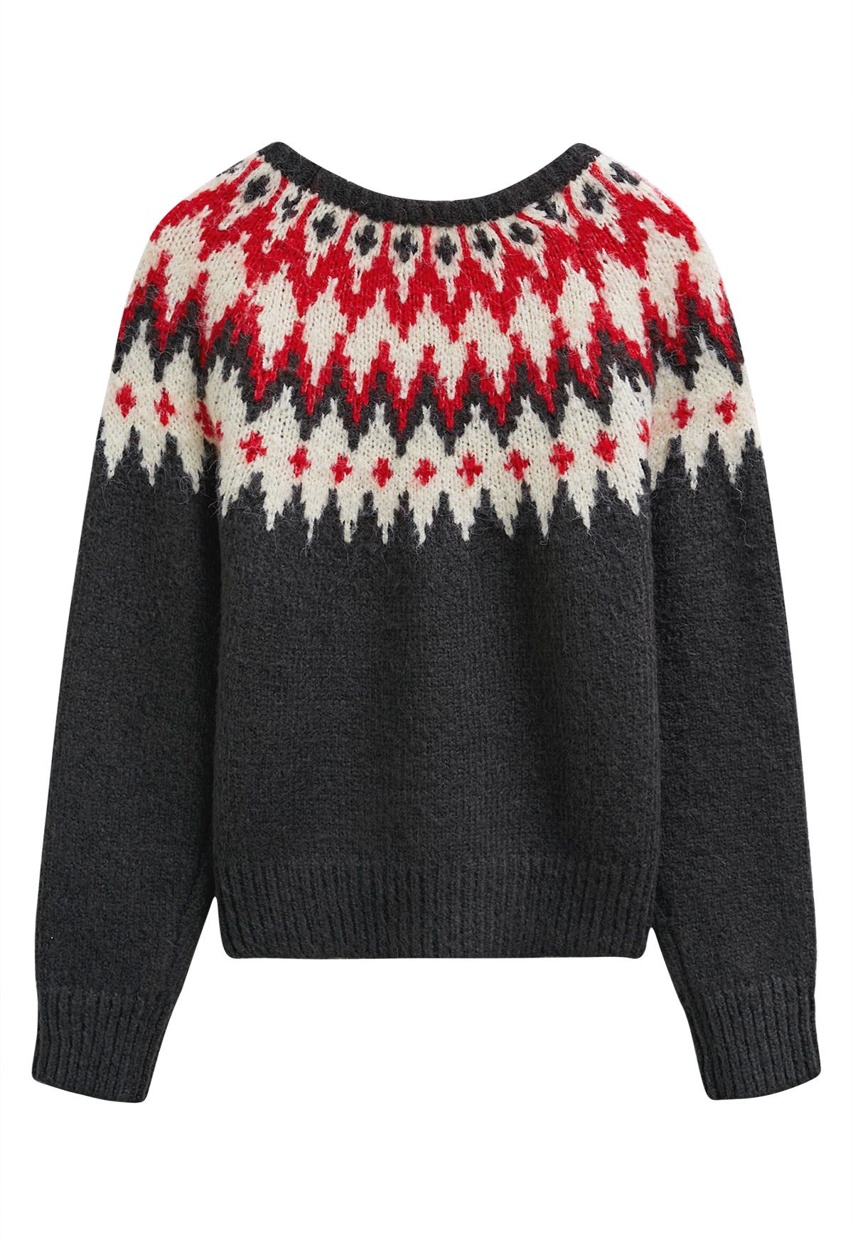 Winter Whimsy – Gerippter Fair-Isle-Strickpullover in Rauch