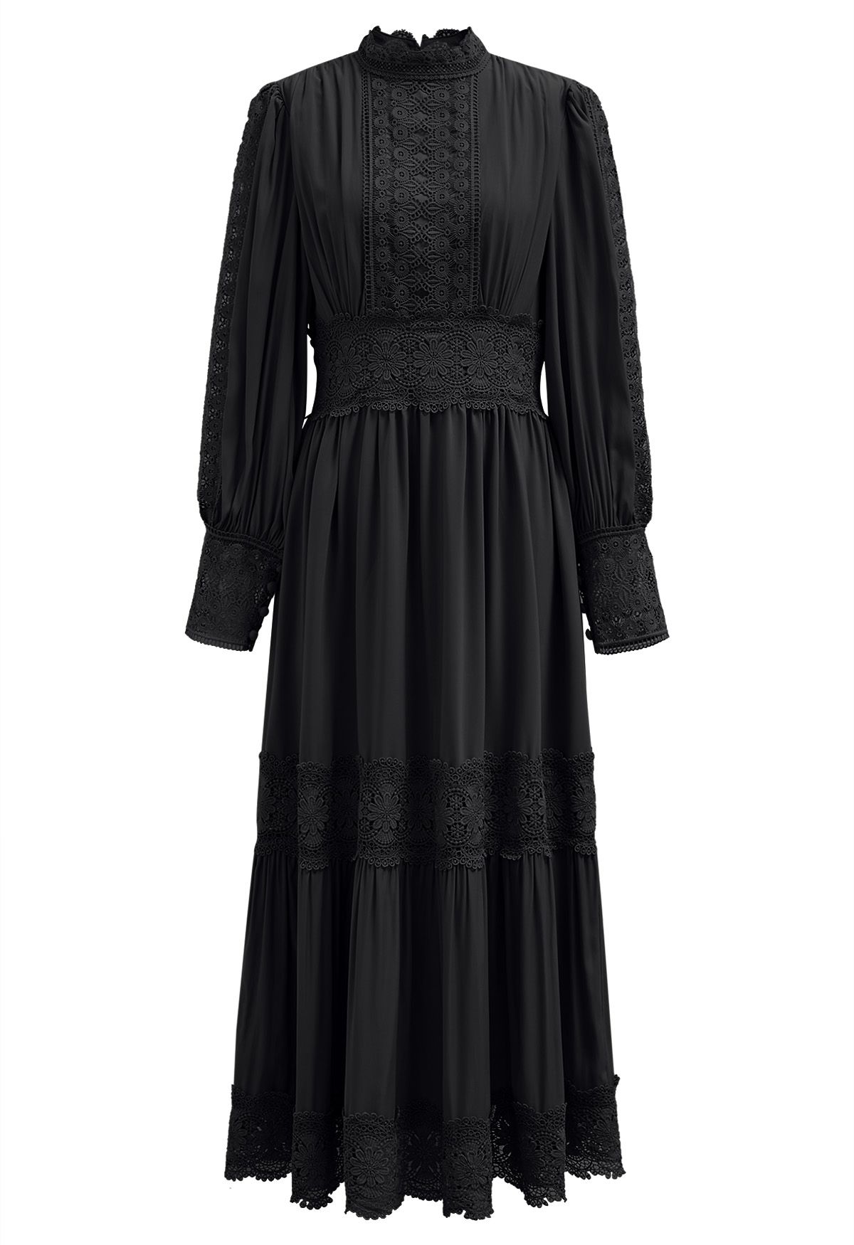 Viktorianisches, elegantes Maxikleid mit Cutwork-Spitze in Schwarz