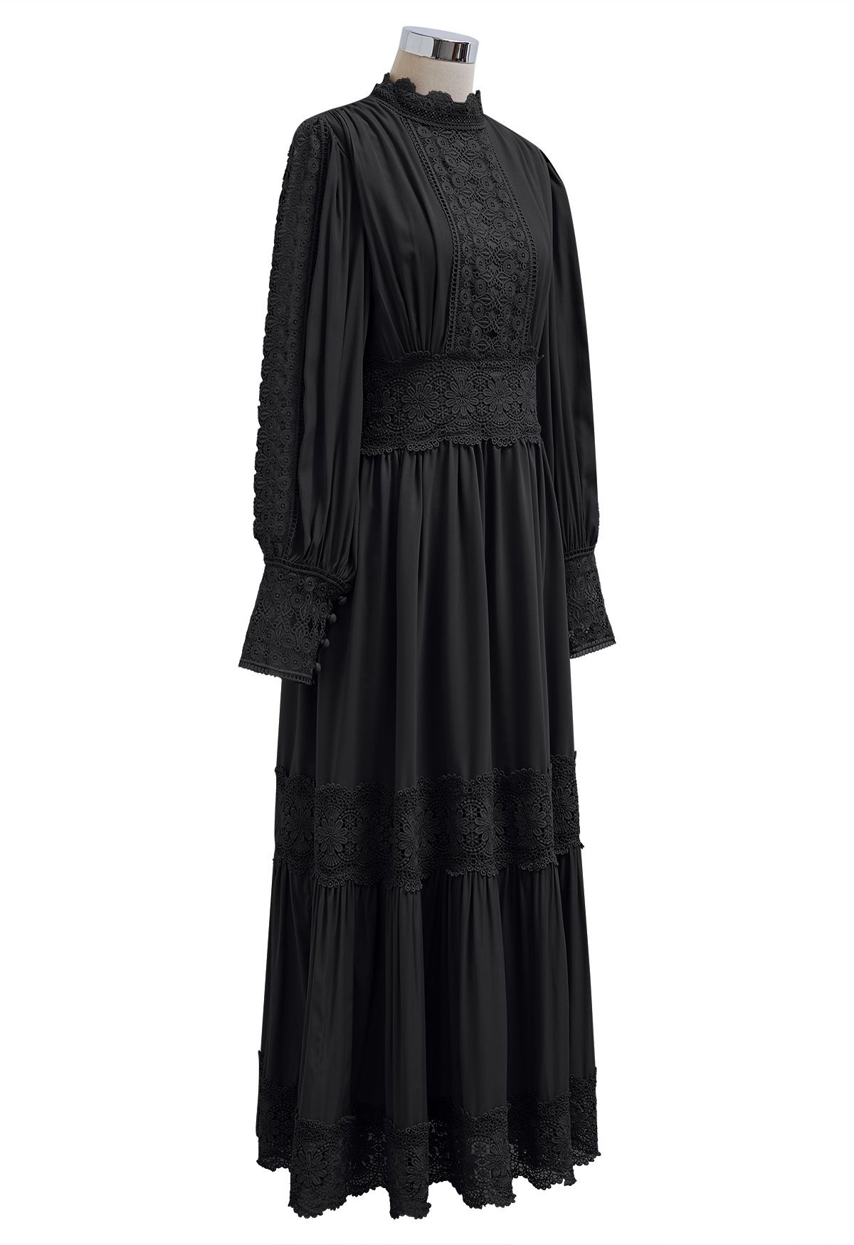 Viktorianisches, elegantes Maxikleid mit Cutwork-Spitze in Schwarz