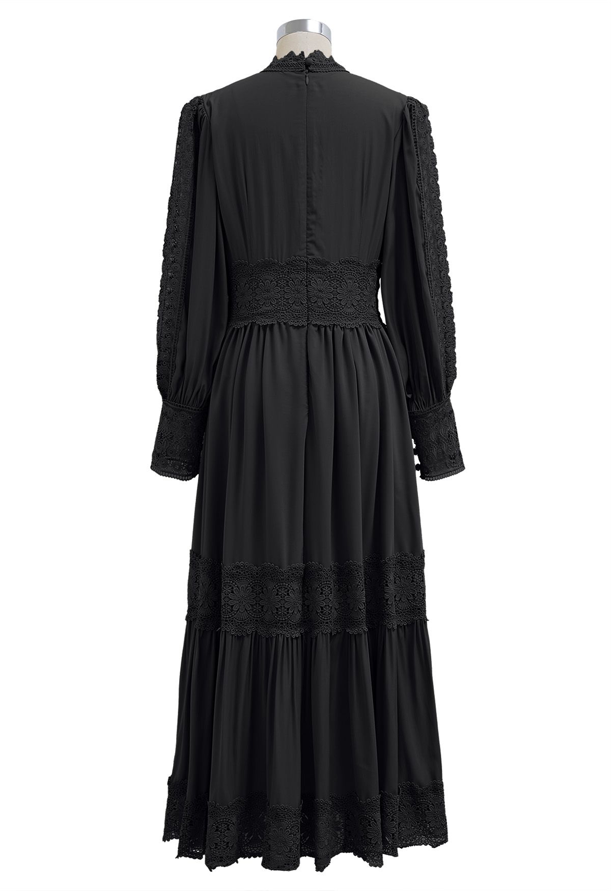 Viktorianisches, elegantes Maxikleid mit Cutwork-Spitze in Schwarz