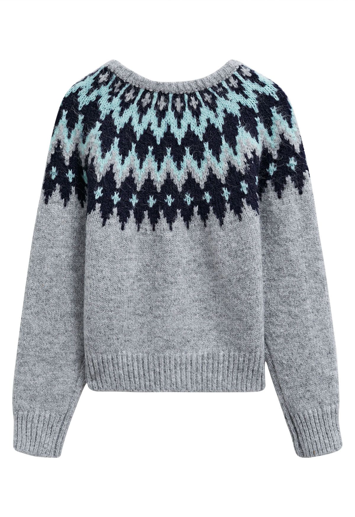 Winter Whimsy – Gerippter Fair-Isle-Strickpullover in Grau