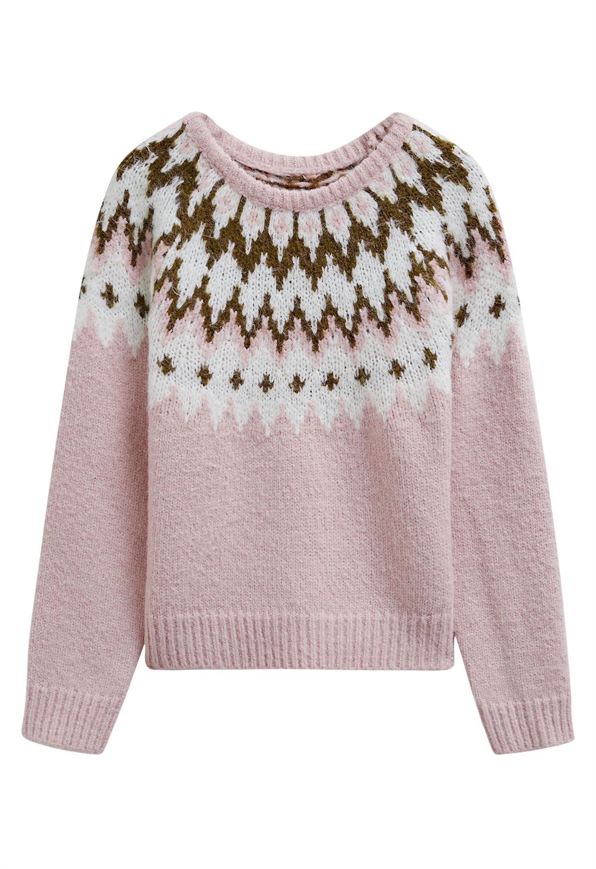 Winter Whimsy – Gerippter Fair-Isle-Strickpullover in Rosa