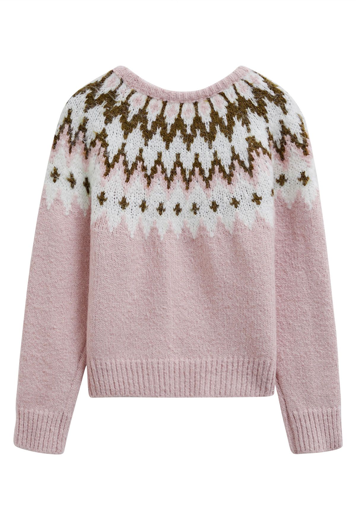 Winter Whimsy – Gerippter Fair-Isle-Strickpullover in Rosa