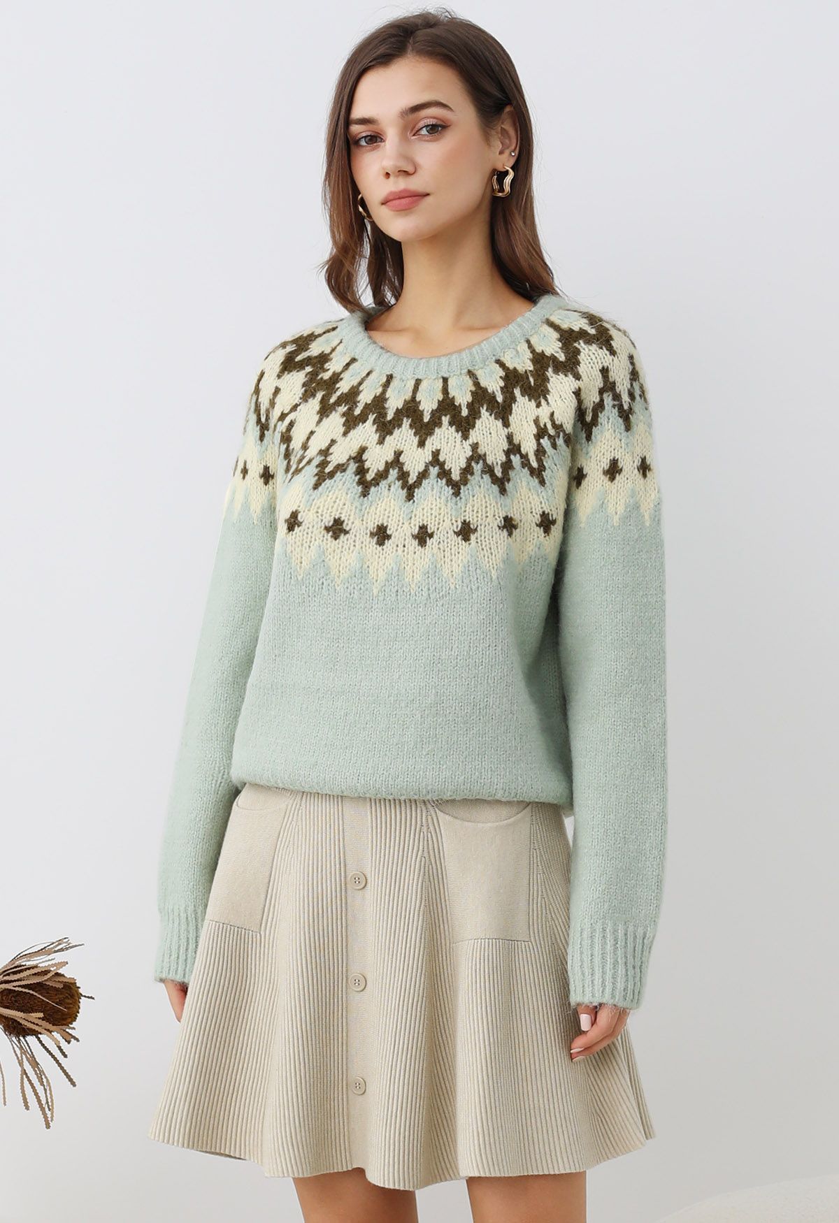 Winter Whimsy – Gerippter Fair-Isle-Strickpullover in Minze