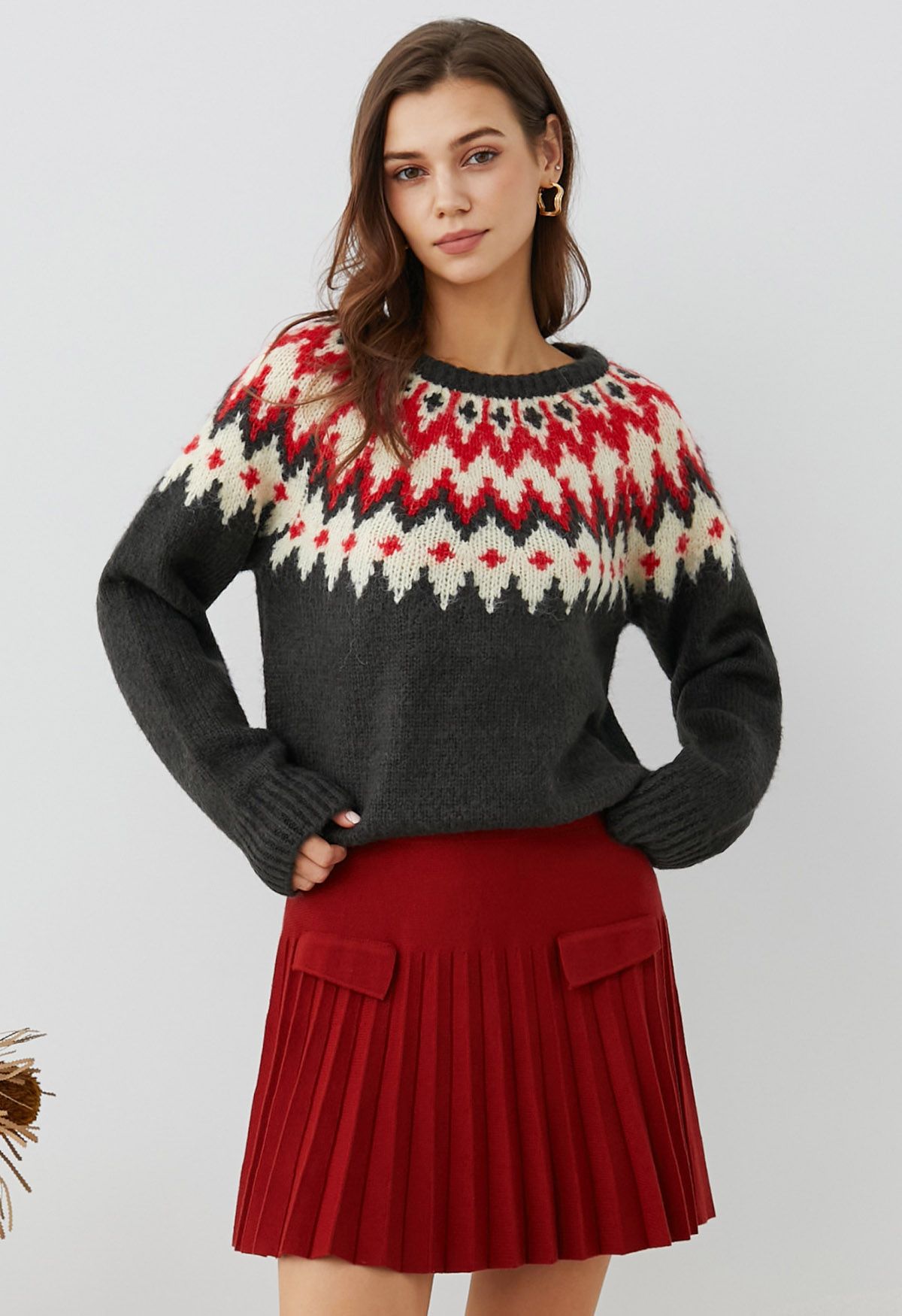 Winter Whimsy – Gerippter Fair-Isle-Strickpullover in Rauch