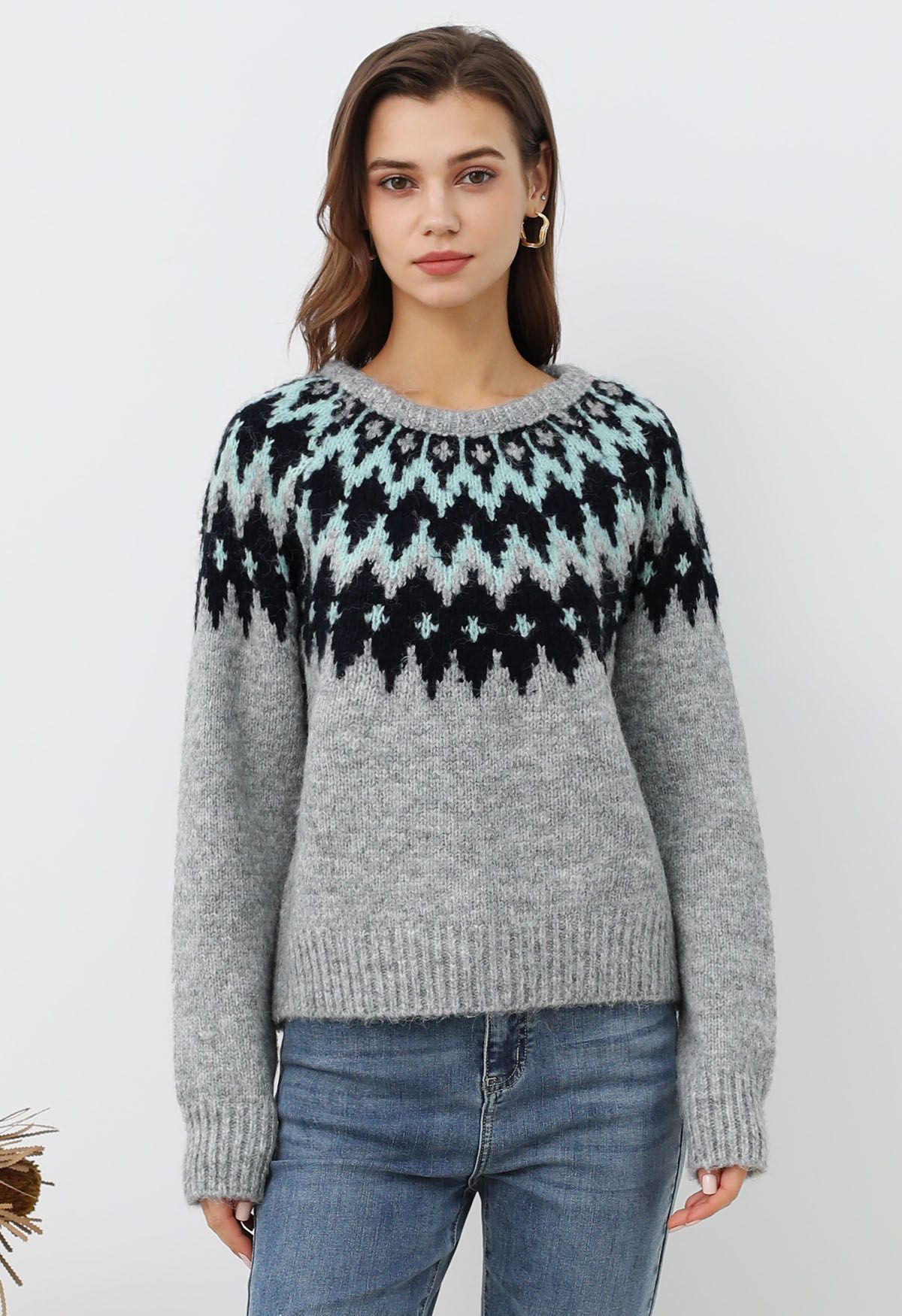 Winter Whimsy – Gerippter Fair-Isle-Strickpullover in Grau