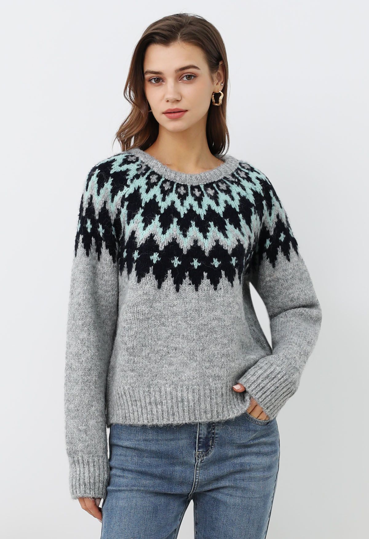 Winter Whimsy – Gerippter Fair-Isle-Strickpullover in Grau