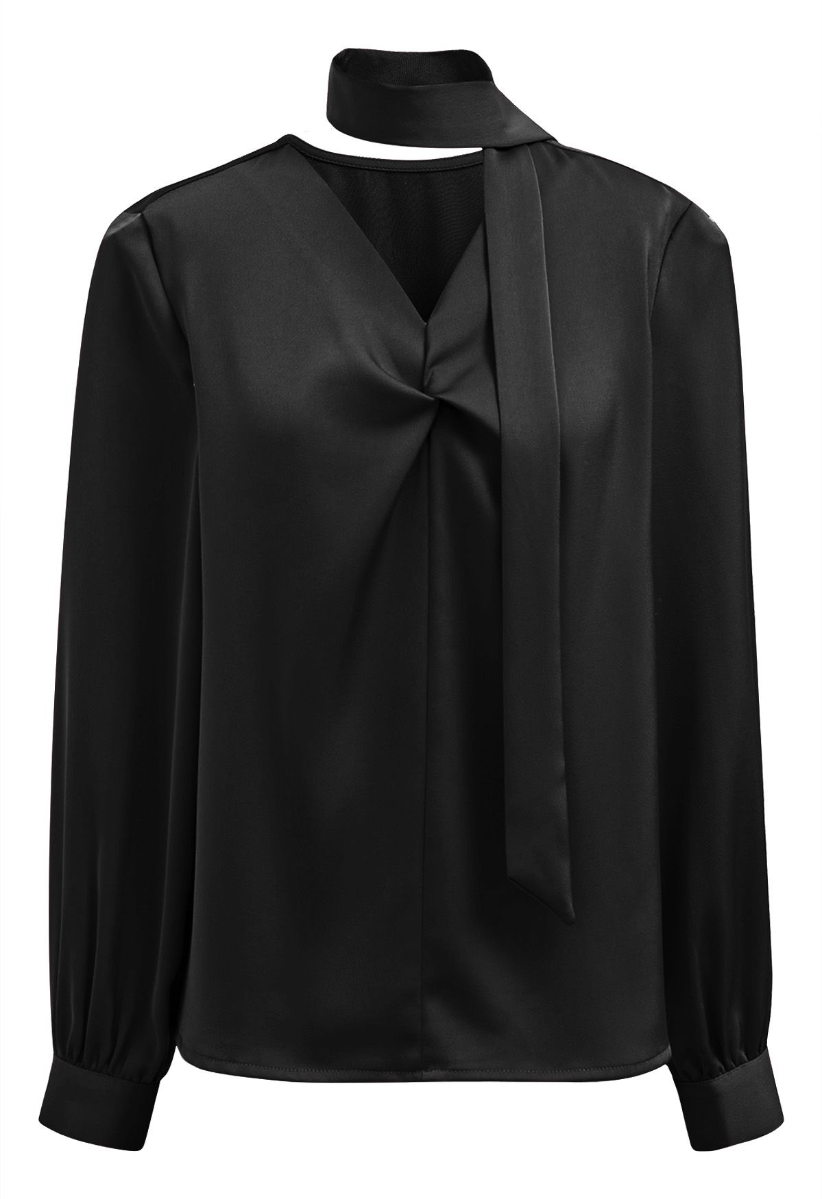 Satin-Top mit V-Ausschnitt, gedrehtem Detail und Schleife in Schwarz