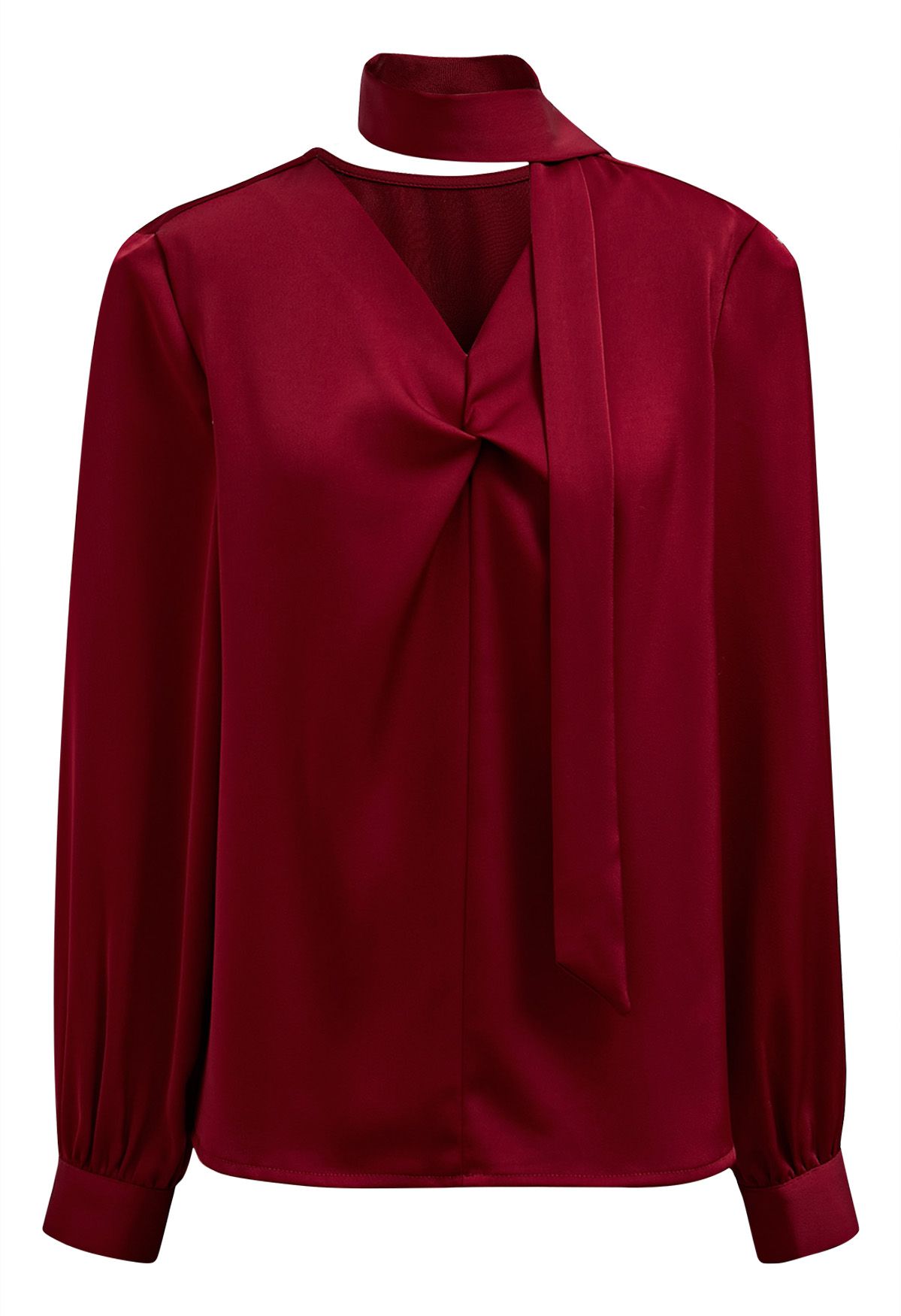 Satin-Top mit V-Ausschnitt, gedrehtem Detail und Schleife in Rot