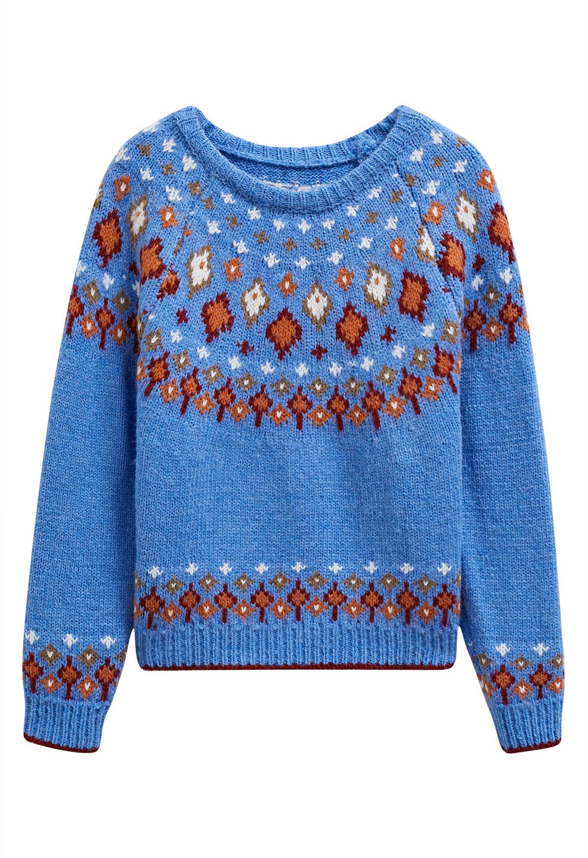 Snowflake Wonderland Fair Isle Strickpullover in Blau