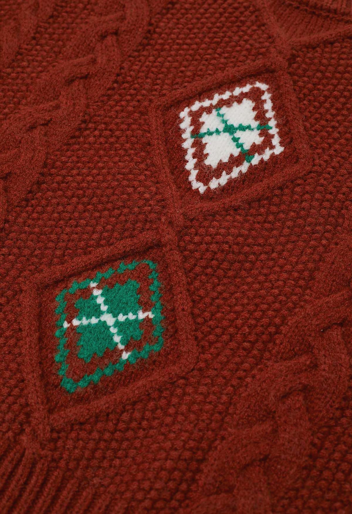 Festlicher Strickpullover mit geometrischem Zopfmuster in Rot