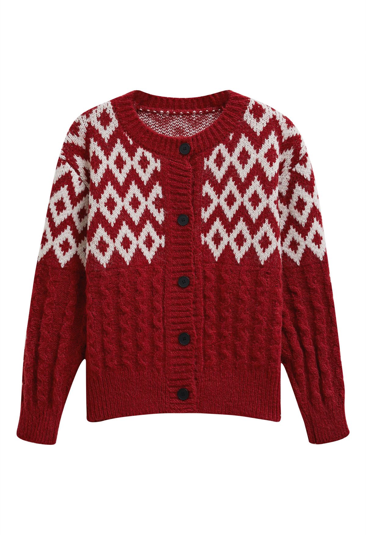 Festlicher geometrischer Cardigan mit Knopfleiste in Rot