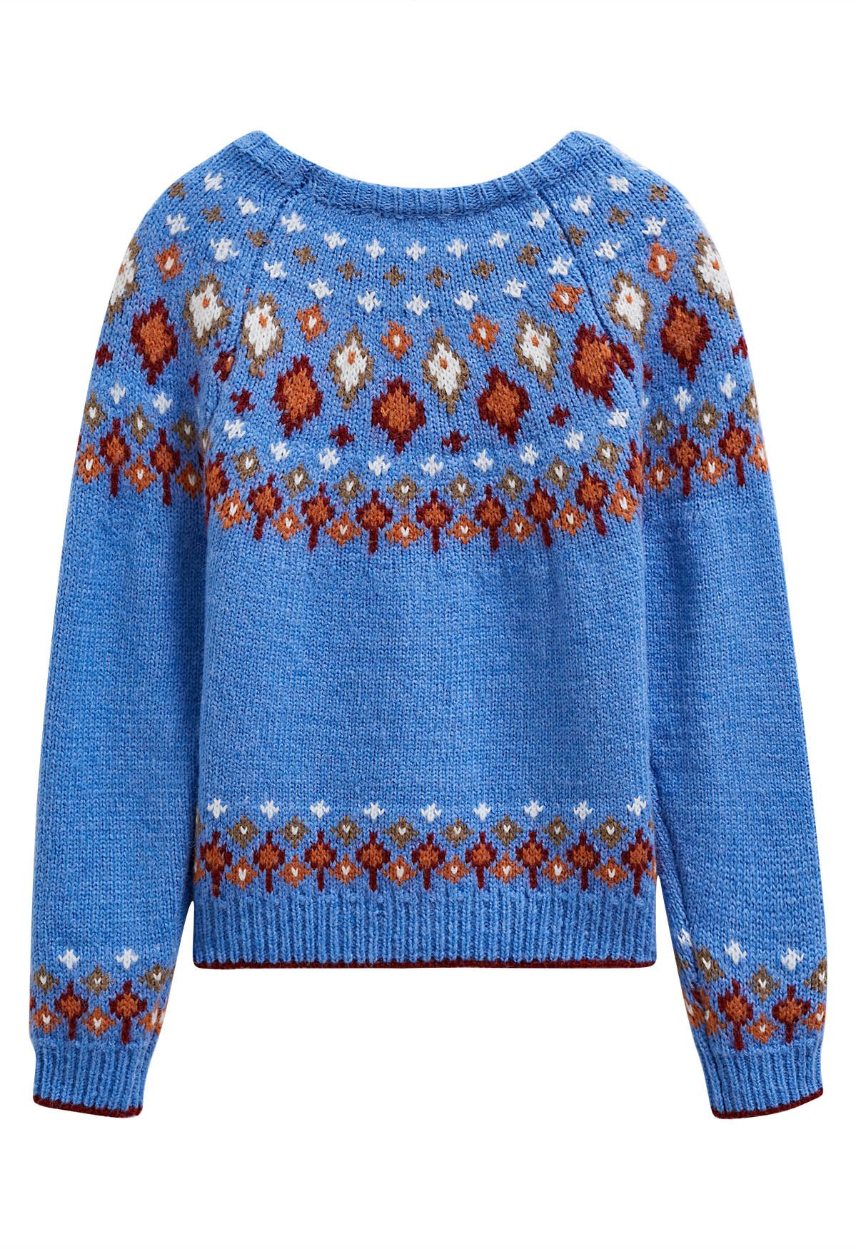 Snowflake Wonderland Fair Isle Strickpullover in Blau