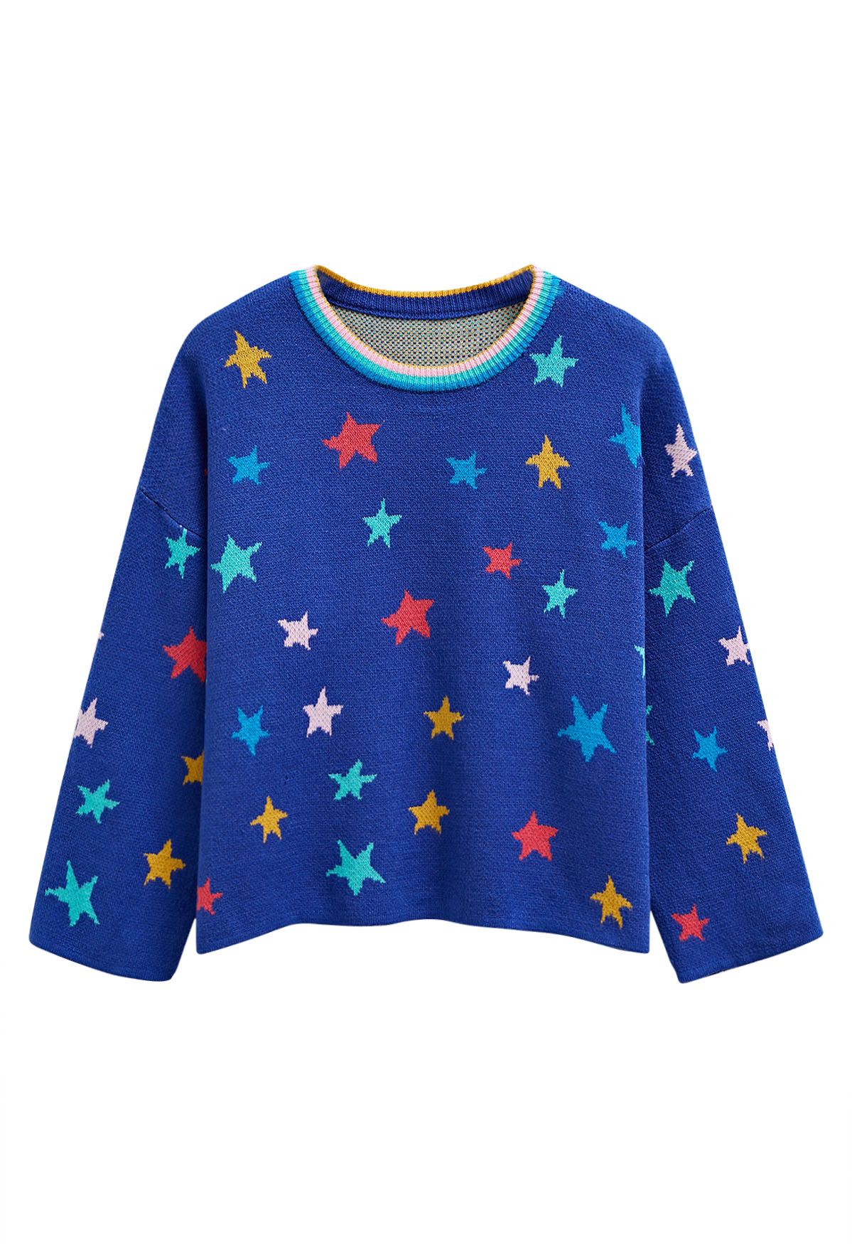 Cosmic Charm – Strickpullover mit Stern-Glockenärmeln in Königsblau