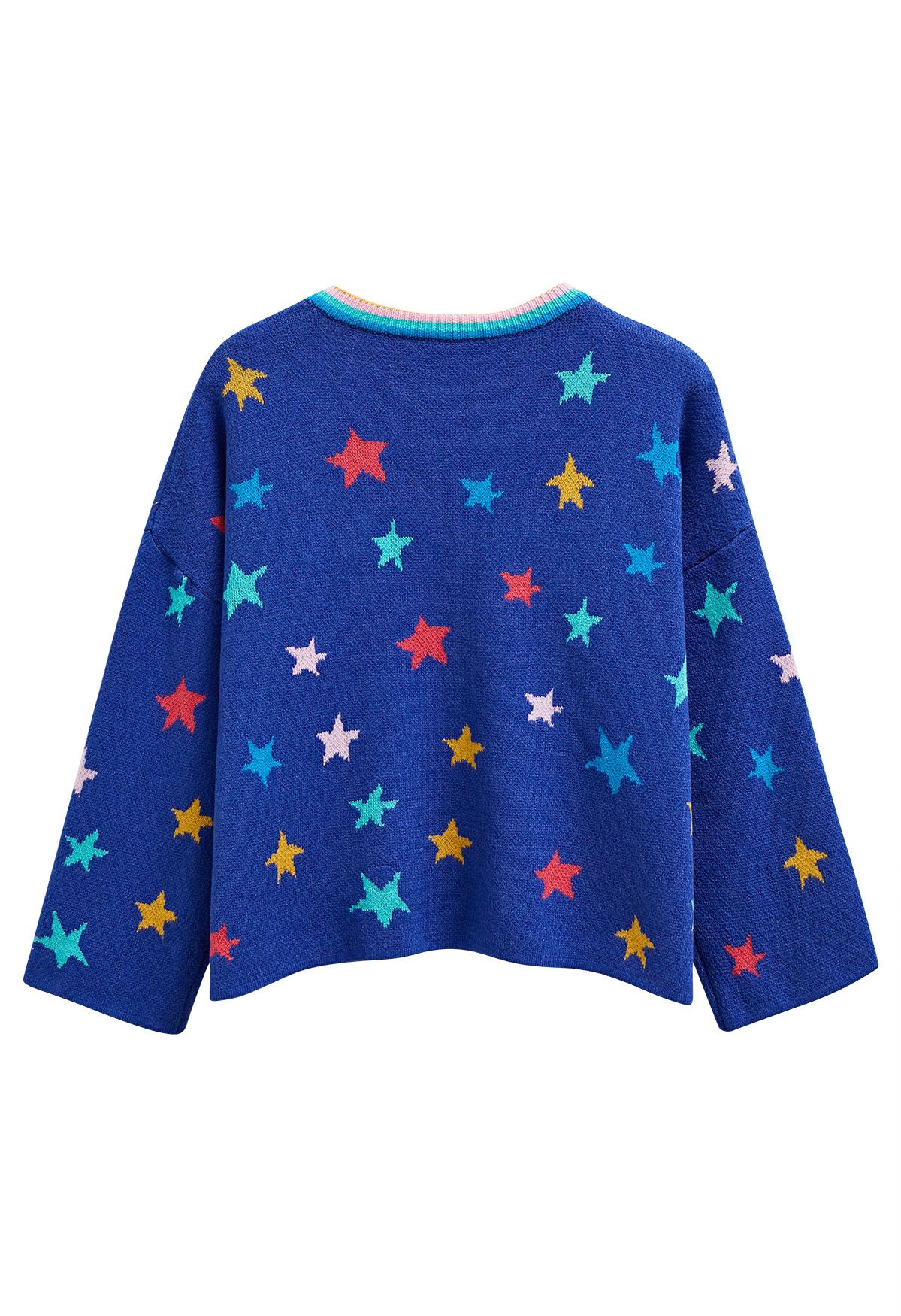 Cosmic Charm – Strickpullover mit Stern-Glockenärmeln in Königsblau