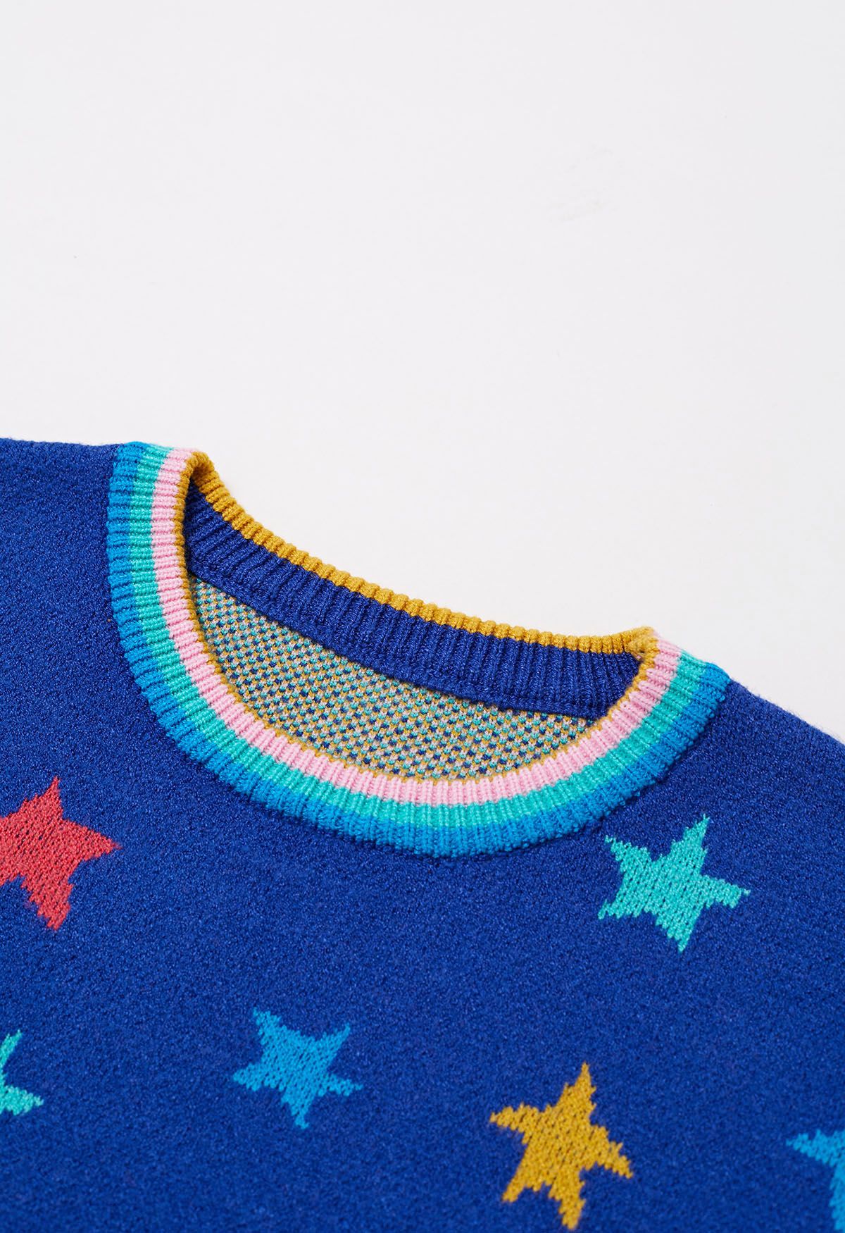 Cosmic Charm – Strickpullover mit Stern-Glockenärmeln in Königsblau