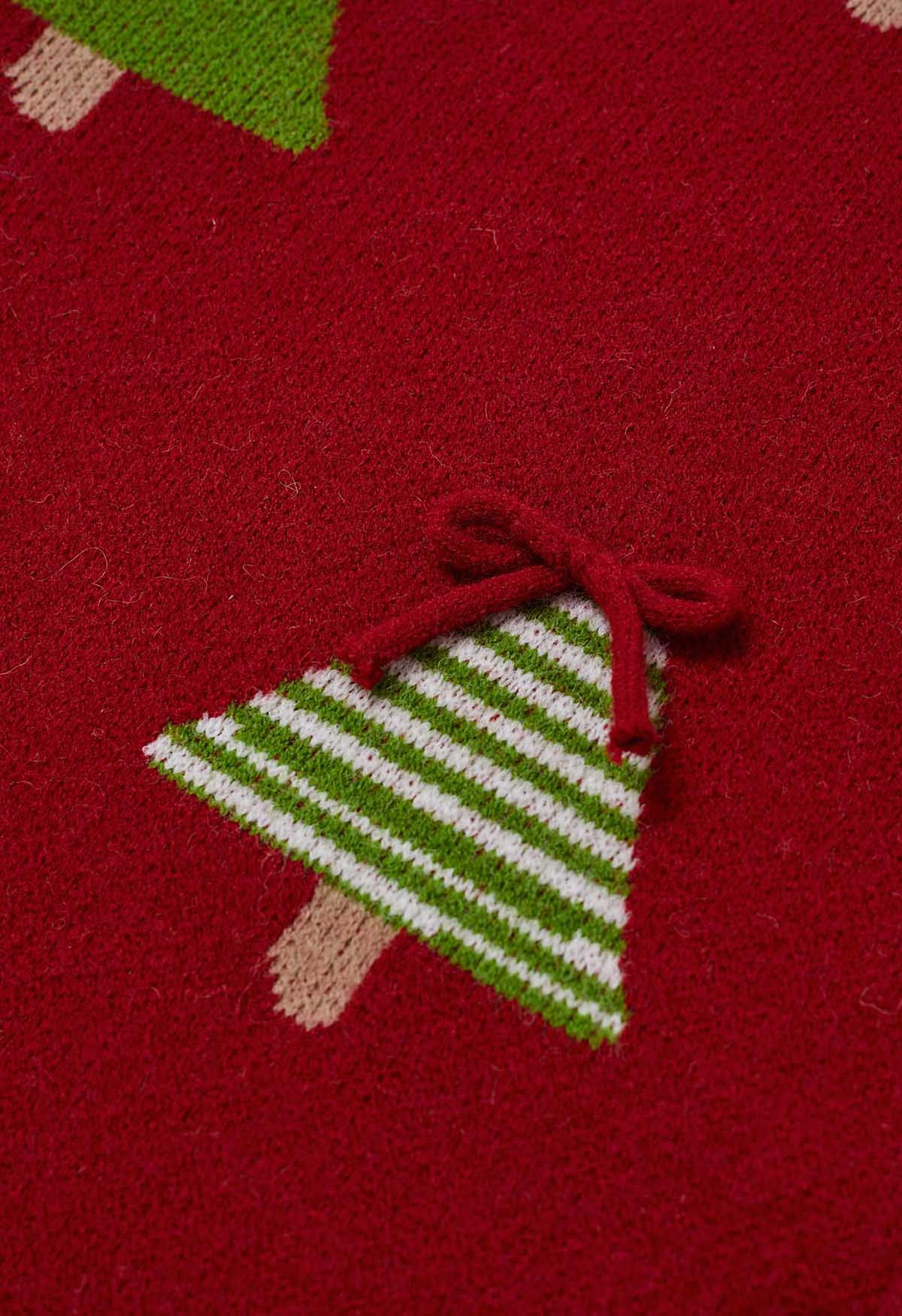 Süße Strickjacke mit 3D-Schleife und Weihnachtsbaum-Knöpfen in Rot