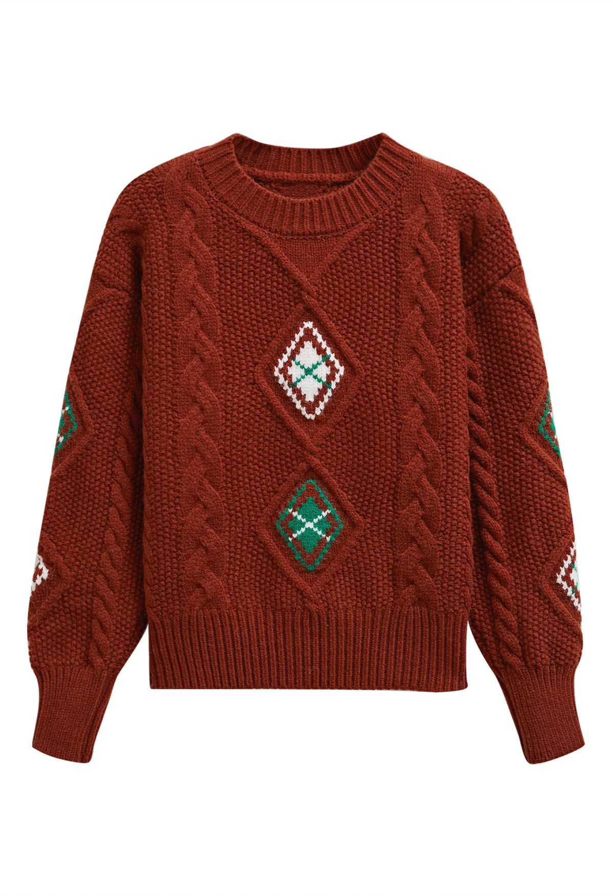 Festlicher Strickpullover mit geometrischem Zopfmuster in Rot